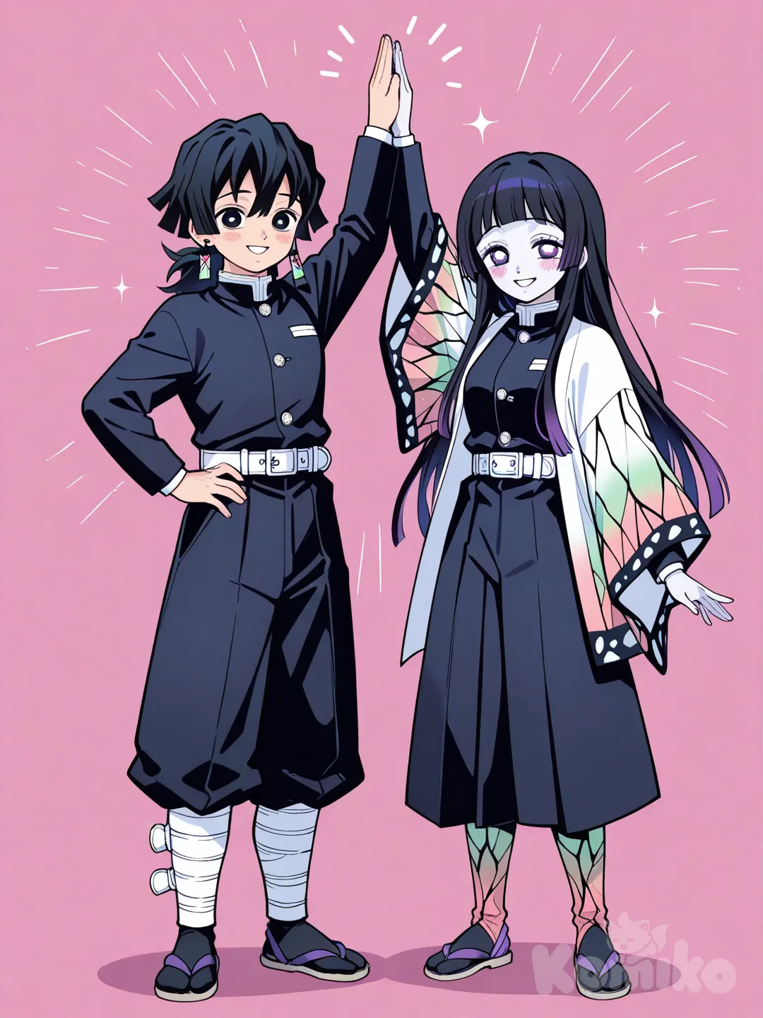 2people, straight bangs pelo negro uniforme de demon slayer, ivory white, full body, smile, blush . Junto a Muichiro tokito, high five