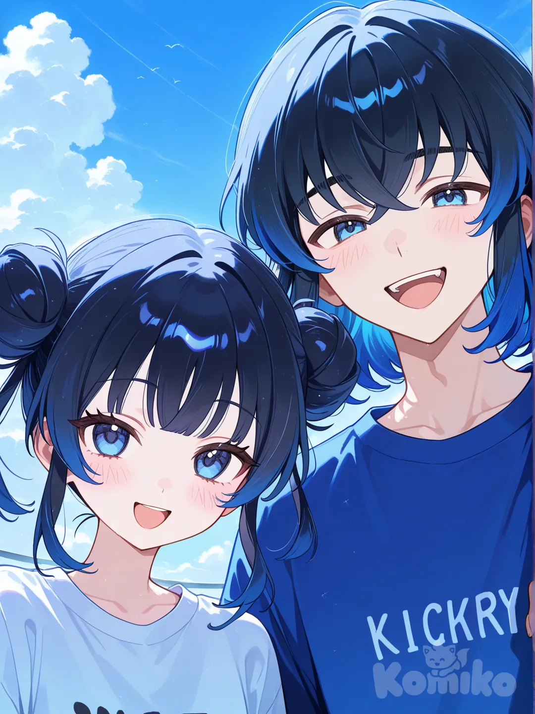 @Hashibira_Inosuke al lado de una chica con , double buns, straight bangs, charcoal black de puntas azules . Ojos azul oscuro , 2people, gathering together, blush, laughing, upper body, blue sky