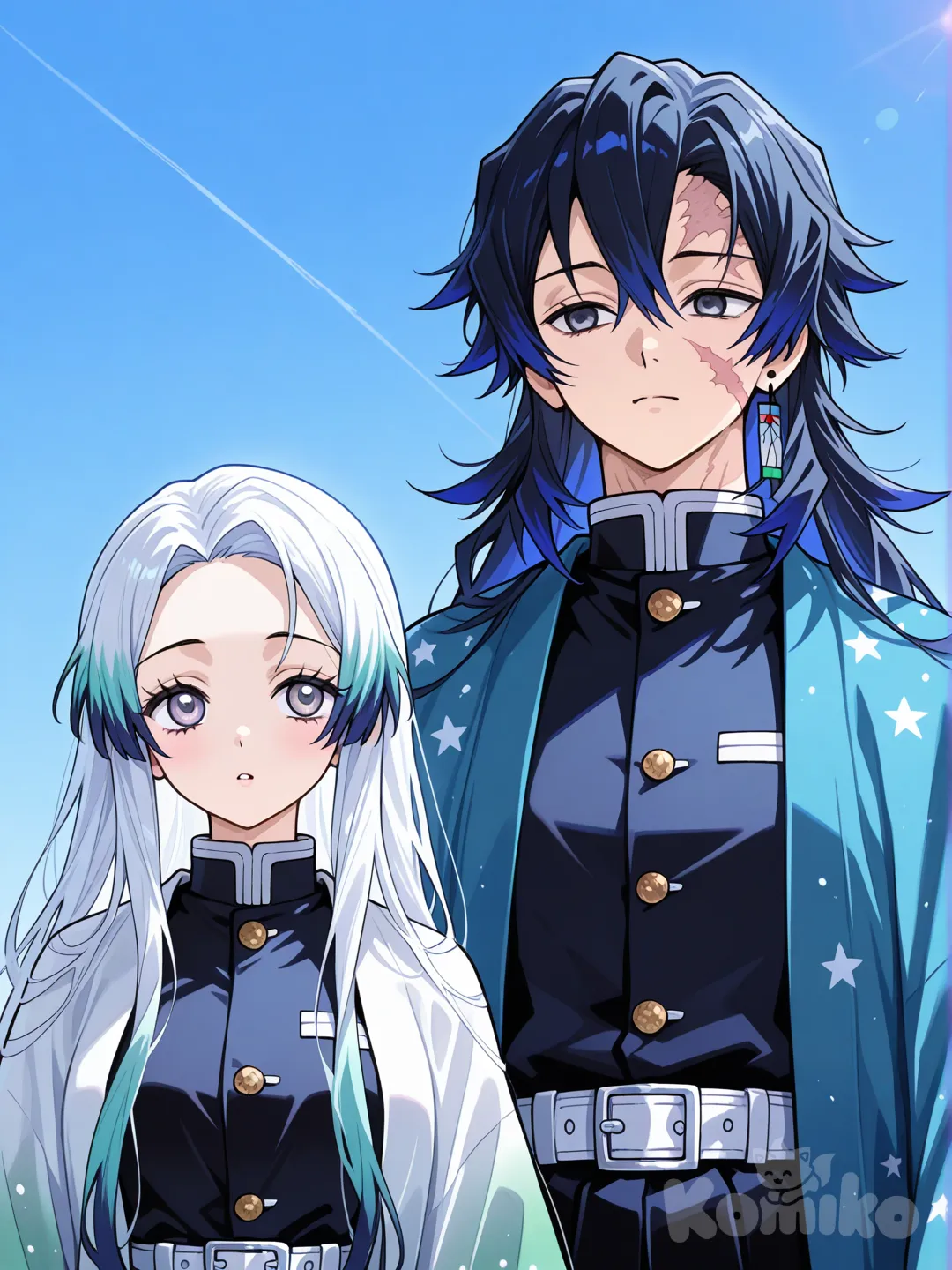 Chica de largo y pelo azul oscuro con mechas blancas y haori de estrellas al lado de un chico de pelo color piel y ojos grises con una sicatriz en la cara con uniforme de demon slayer , 2people, gathering together, upper body, blue sky