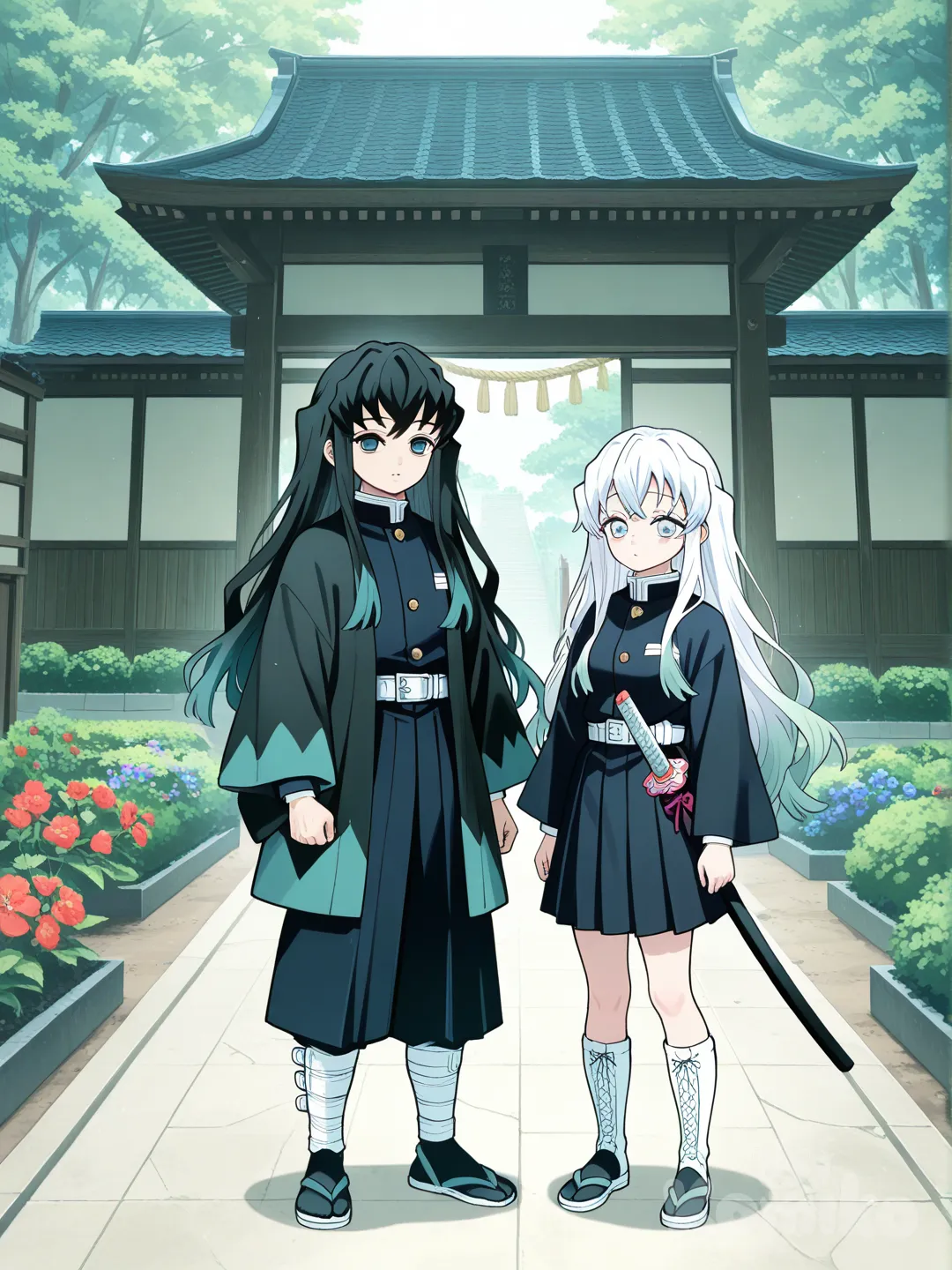 Chica de pelo largo negro con mechas blancas y ojos grises con uniforme de saya de demon slayer y haori negro estilo negro con katana al lado de , @Tokitou_Muichirou, 2people, full body, garden