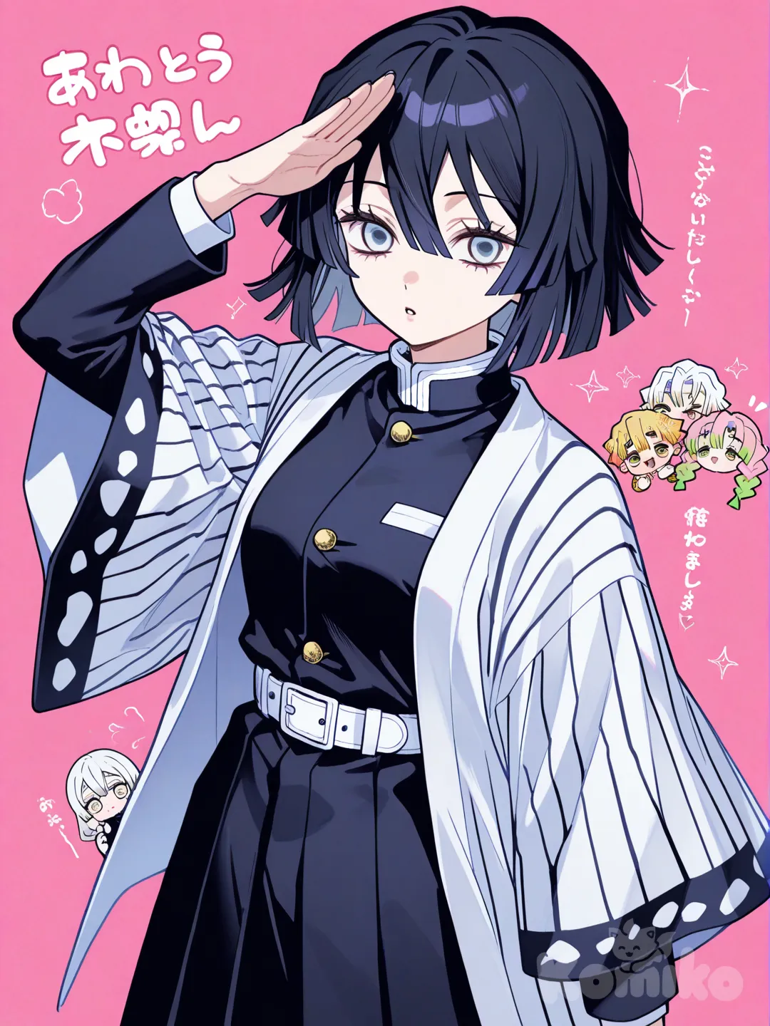 Chica de pelo negro y mechas blancas de ojos grises con uniforme de demon slayer y haori negro saludando a, @Iguro_Obanai, @Tokitou_Muichirou, @Kanroji_Mitsuri, @Agatsuma_Zenitsu