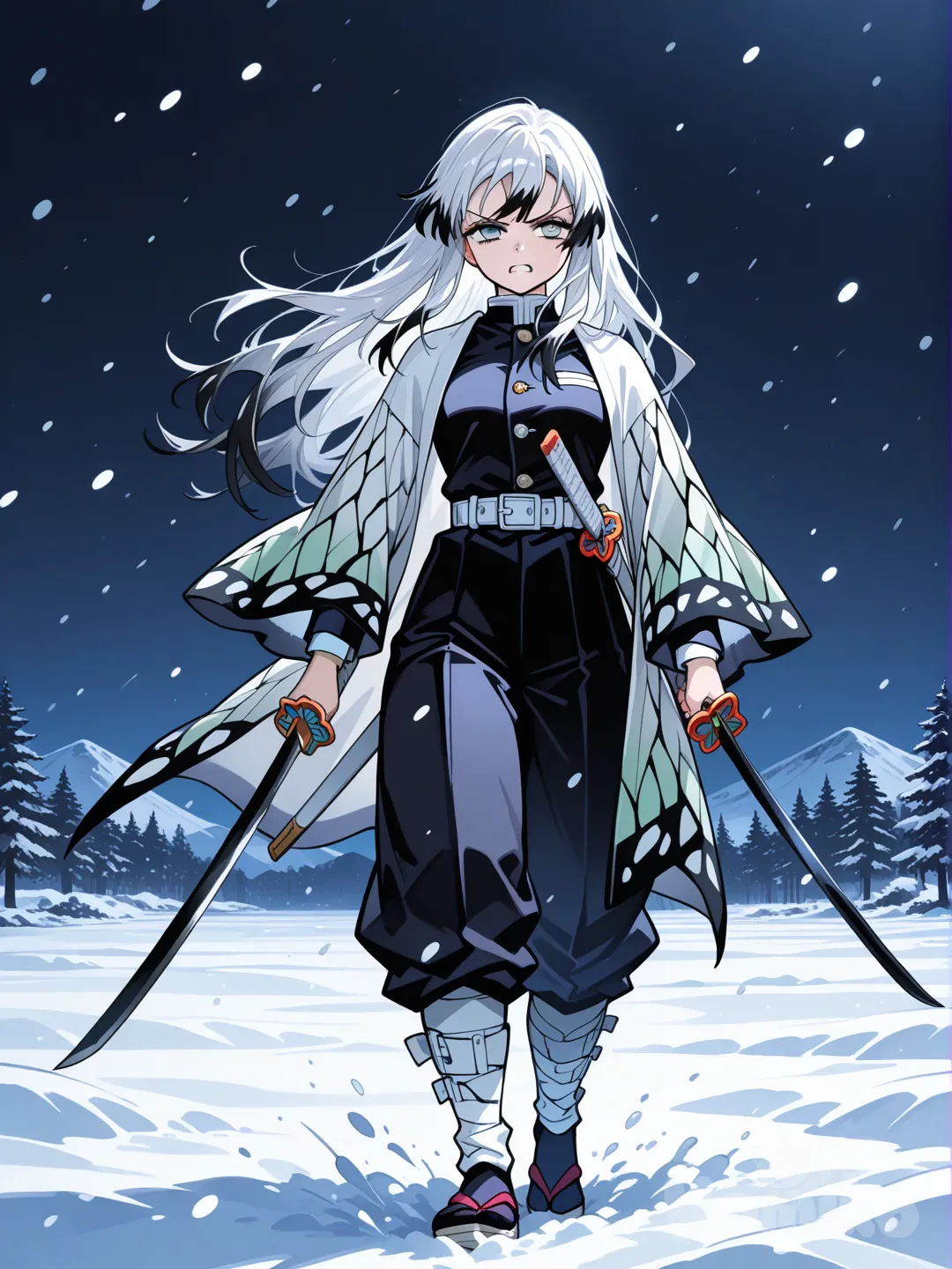 Chica de pelo largo negro con mechas blancas y ojos grises con uniforme de saya de demon slayer y haori negro estilo negro con katana , holding sword, full body, snowy, night, angry