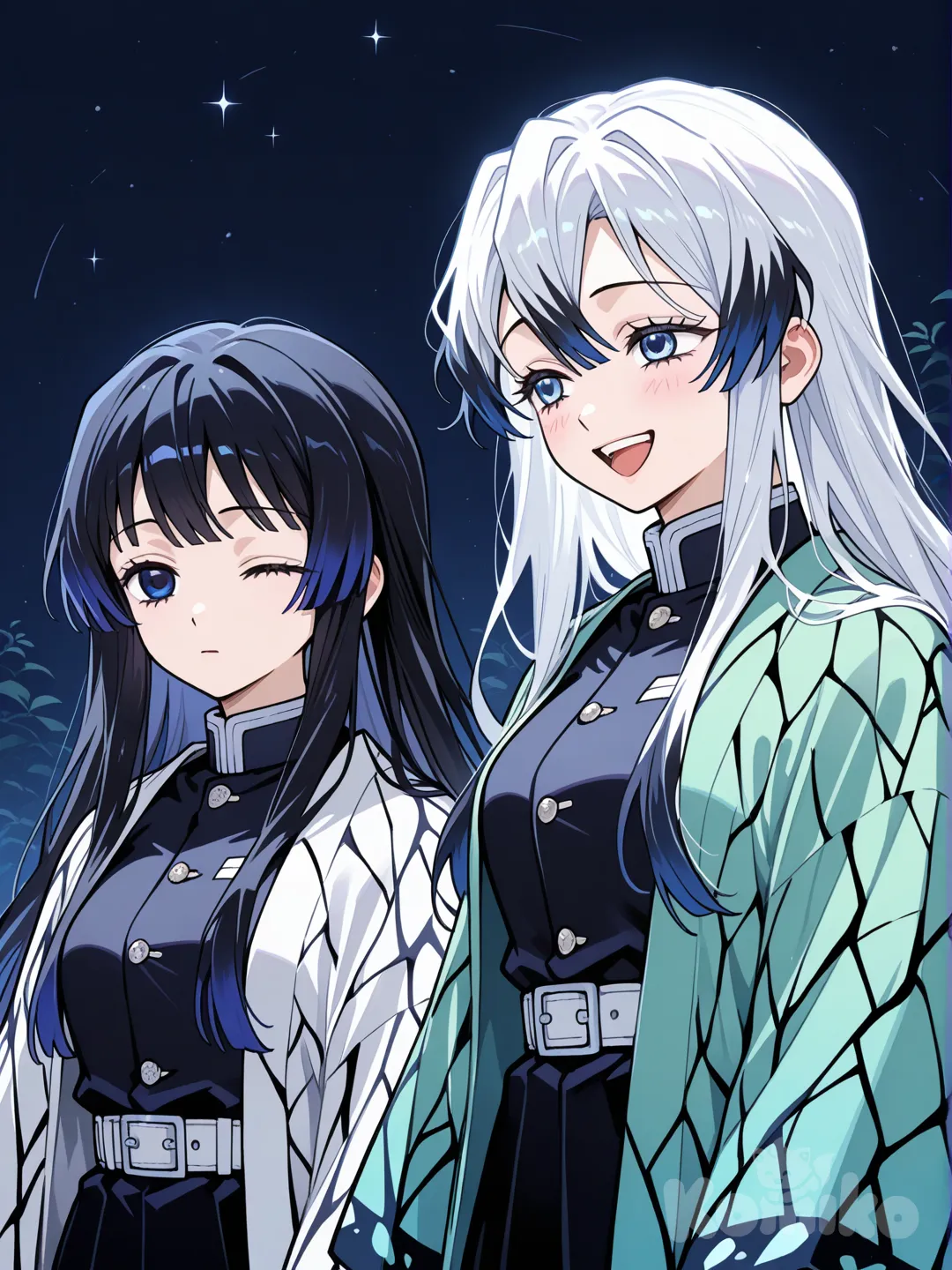 Chica de pelo blanco y largo con mechas negras con uniforme de demon slayer y haori negro estilo negro al lado de una chica de pelo negro con mechas azules oscuro y ojos azules con haori de estrellas. , 2girls, laughing, expressionless, one eye closed, upper body fondo de la mansión de demon slayer