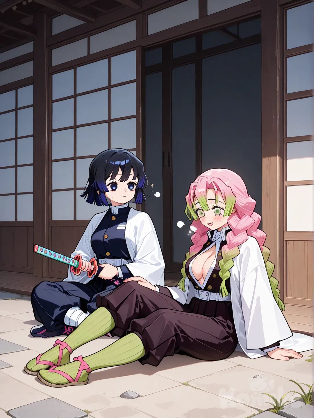Chica de pelo negro y con mechas azul oscuro con uniforme de demon Slayer entrenando con , Kanroji Mitsuri, 2girls, 2people, sitting on the ground, full body
