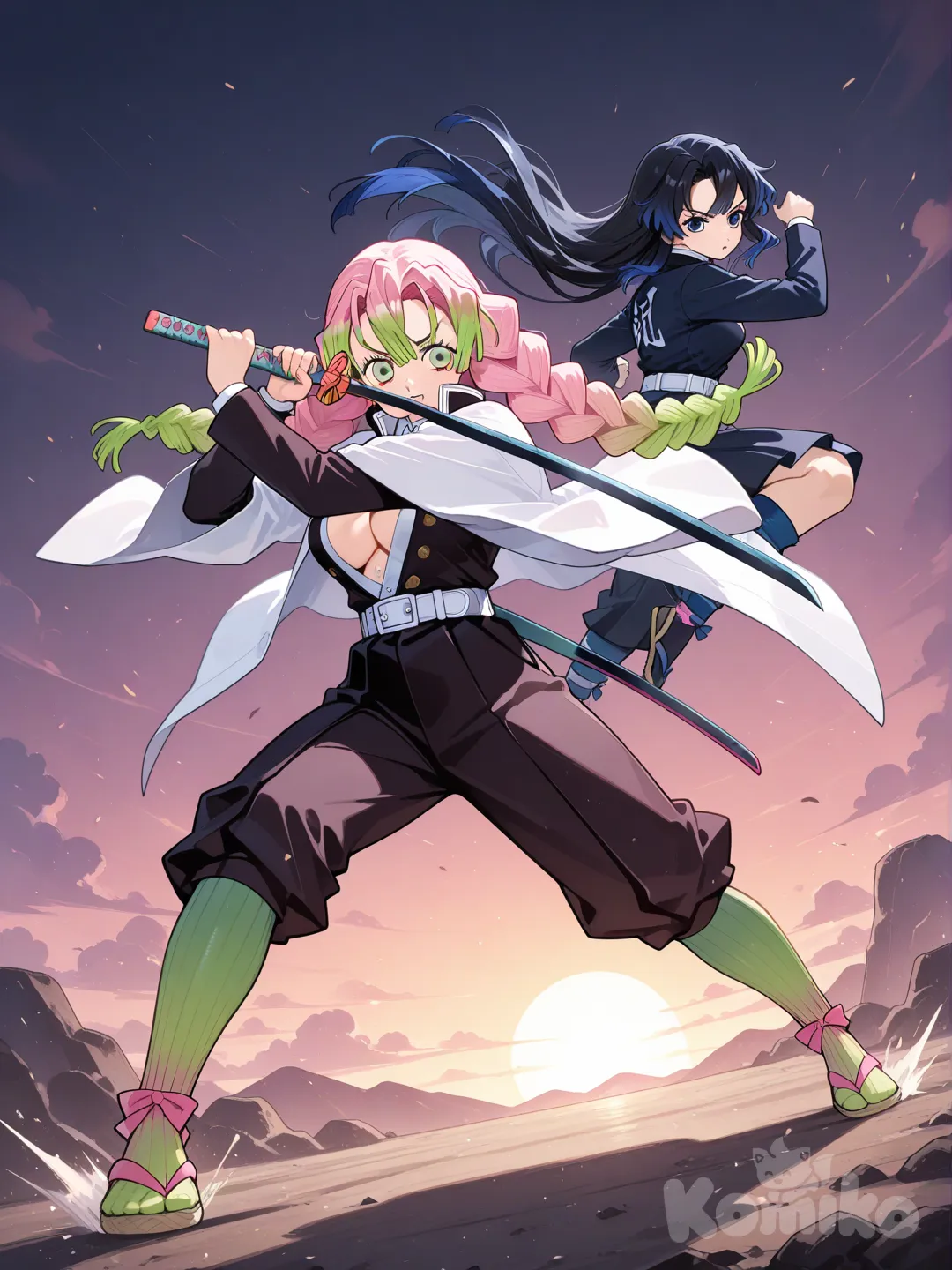 Chica de pelo largo y negro con mechas azul oscuro y ojos azul oscuro con unifome de demon slayer , holding sword entrenando con , Kanroji Mitsuri , full body