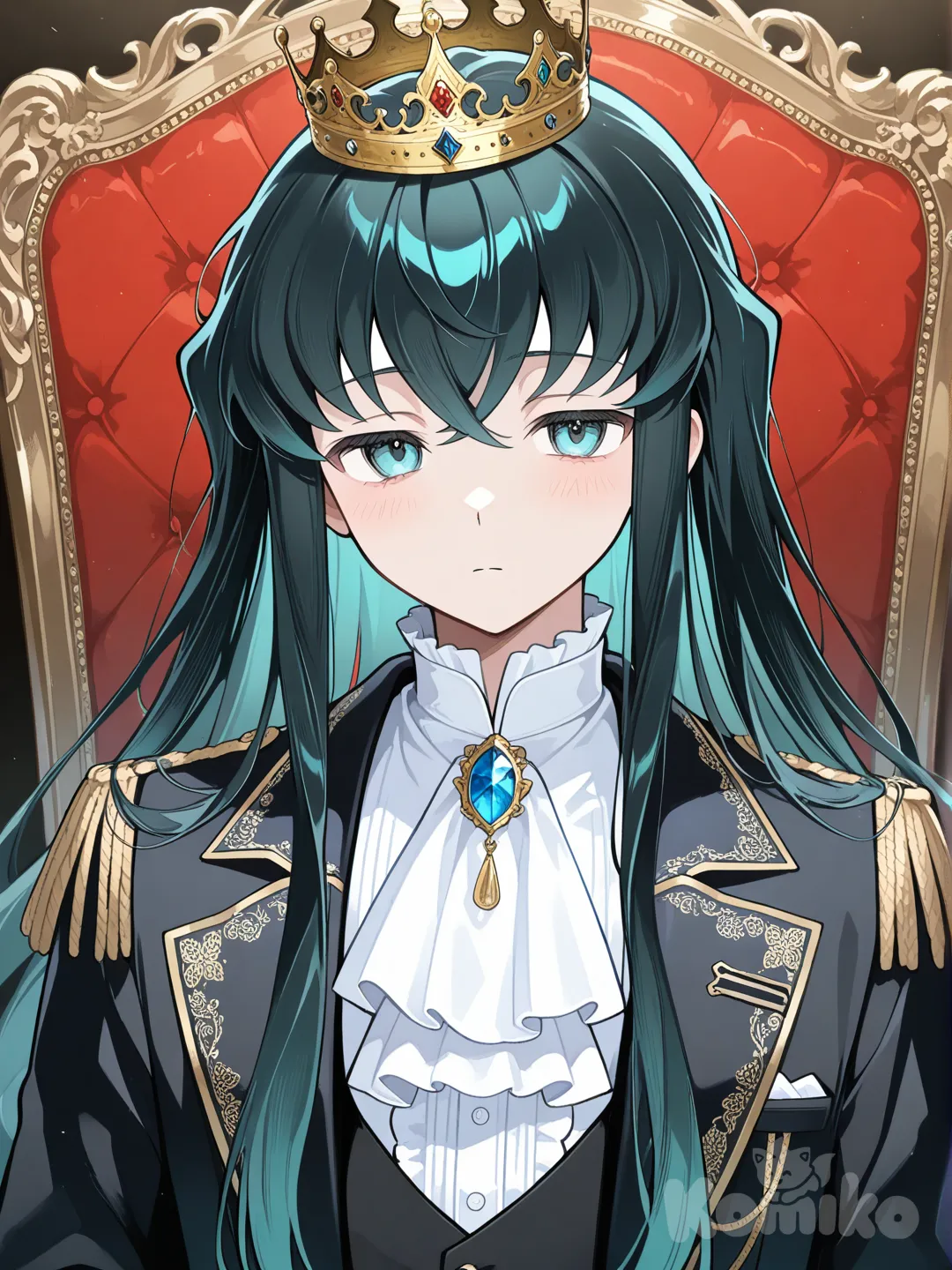 @Tokitou_Muichirou con traje negro de príncipe y corona dorada , upper body