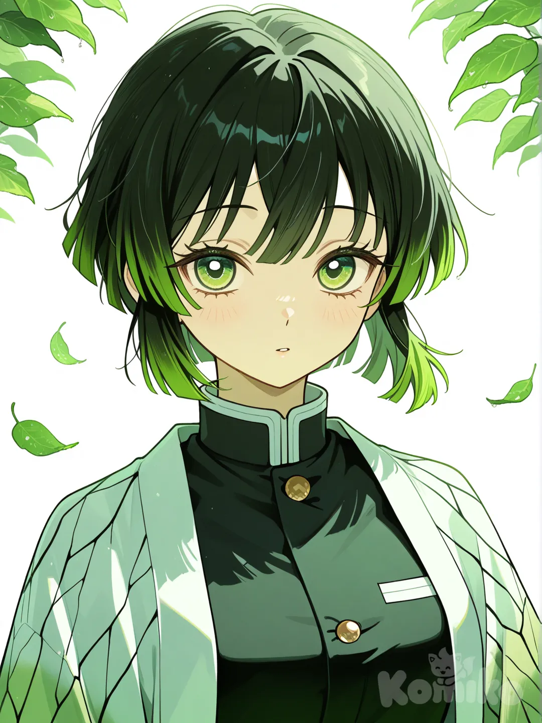 Chica de pelo corto y negro con flequillo con una mecha verde en el flequillo y ojos verdes con uniforme de demon slayer y haori blanco con hojas detalladas , portrait