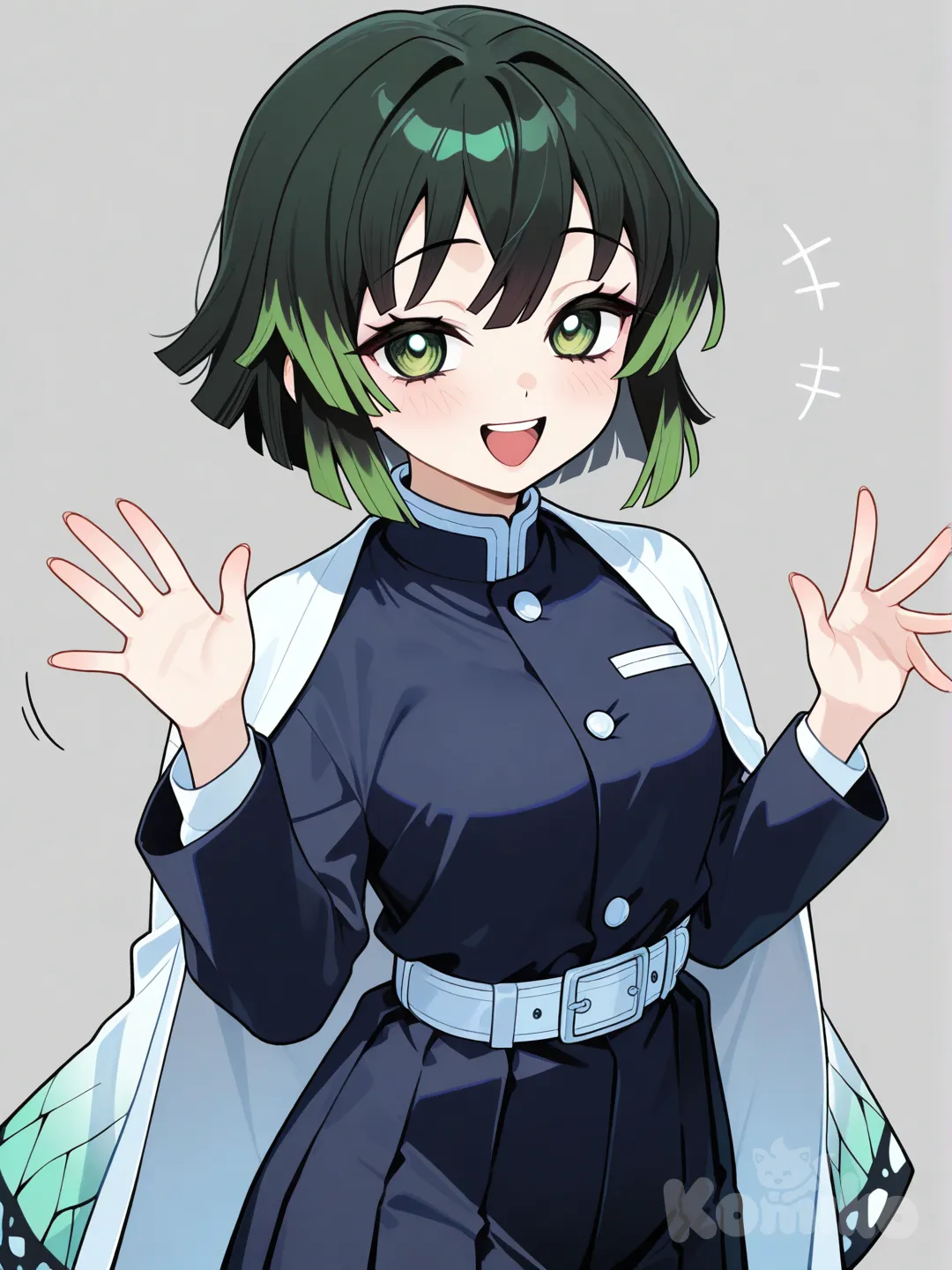 Chica de pelo negro y corto con flequillo con mechas verdes y con ojos verdes con uniforme de demon slayer , laughing, waving a , _Muichirou, _Nezuko, y sanemi