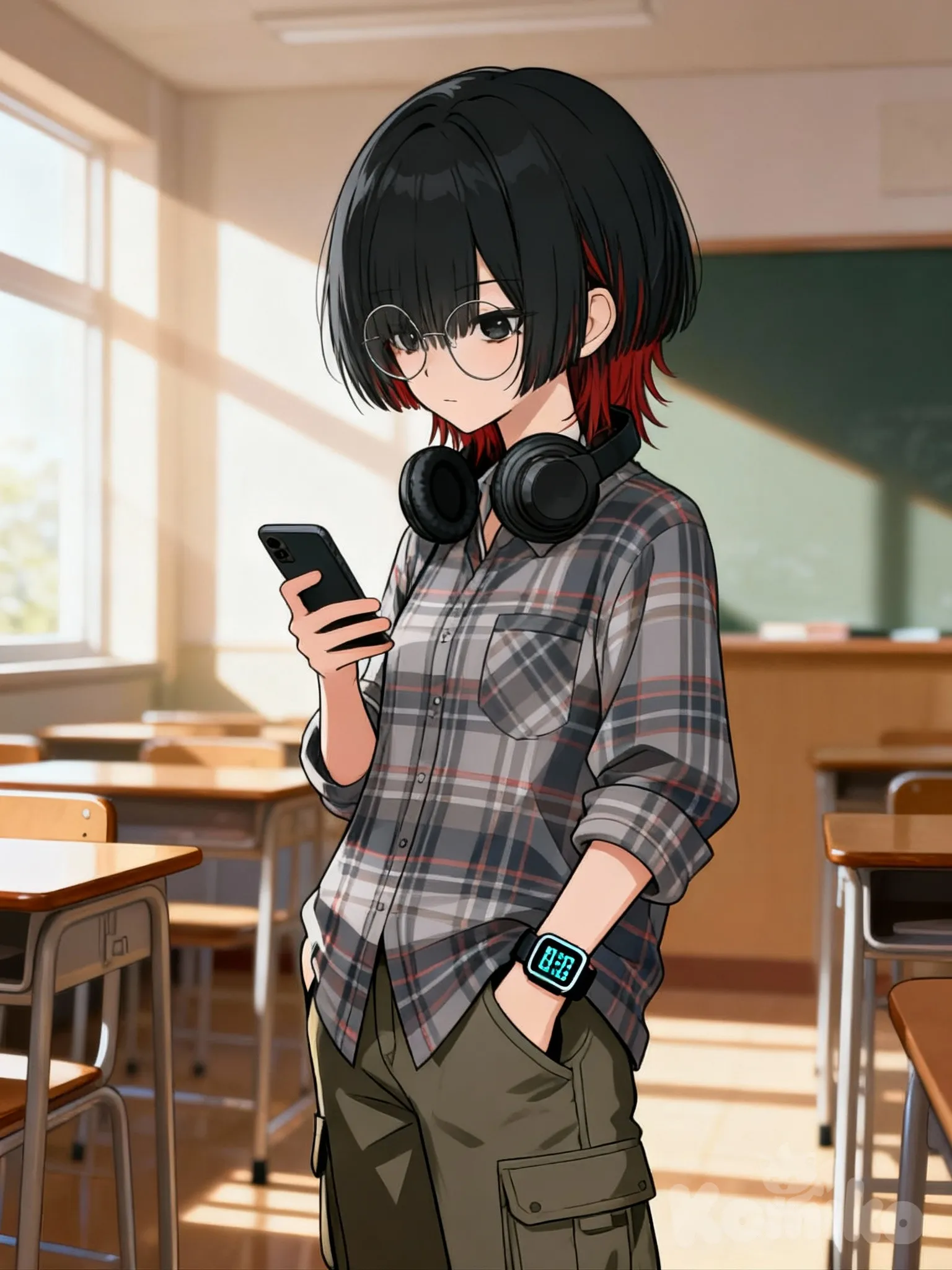 [pop-anime-style] , 1girl, @ariachi-hoshino-wARl, looking at phone, hands in pockets, expressionless, cargo pants, glasses, headphones, digital watch, mullet, charcoal black, full body, day, classroom, plaid shirt