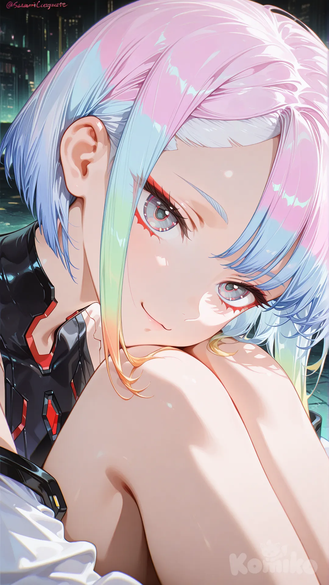 lucy (cyberpunk), [high-gloss-illustration-style], sitting on the ground, smile, closeup