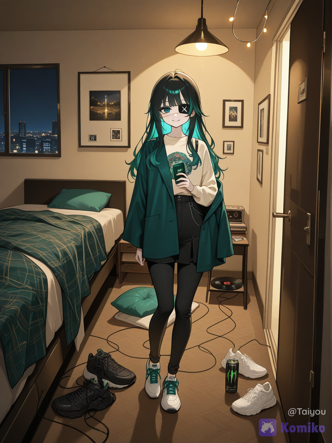 @reika-nMlO,small cozy modern city apartment interior, floor to ceiling window showing a lively urban skyline view with scattered building lights, warm string lights hung messily but cheerfully across one wall, casual unmade bed with a mismatched patterned blanket half falling off, several throw pillows in scattered emerald and teal tones echoing a personal color preference, a guitar leaning carelessly against the wall instead of being put away, sneakers kicked off near the doorway not lined up, an open half eaten takeout container left on a small coffee table alongside a half finished energy drink, a small shelf cluttered with random collected trinkets and concert ticket stubs pinned loosely to a corkboard, a few clothes draped over a chair instead of folded, vinyl records scattered near a record player rather than stored away, colorful mismatched decor gathered spontaneously rather than curated to match, warm golden evening light mixing with the cool blue tones of the city outside, lively chaotic but charming atmosphere, sense of someone who lives fully in the moment and never quite gets around to tidying up, semi-realistic anime style, highly clean rendering