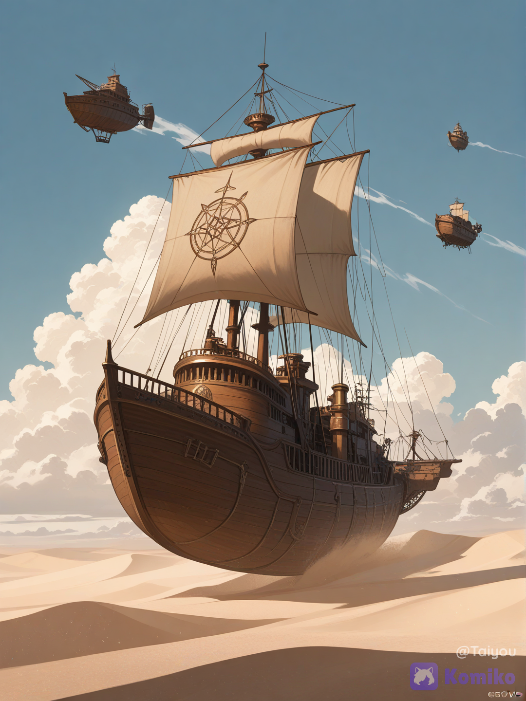 no humans, wide open deck of a single fantasy airship, weathered dark wood planking reinforced with aged brass fittings and rivets, soft pale runes etched faintly into the wood and along the metal plating, glowing with a gentle mystical light that blends naturally with the mechanical brass details, tall wooden mast rising at the edge of the frame with a great cloth sail catching the wind, thick woven rigging ropes stretching taut, a sturdy brass-trimmed railing running along the deck's edge, beyond the railing an endless untouched desert plain stretches to the far horizon, soft rolling dunes and open flat stretches of pale sand, completely devoid of structures, ruins, or roads, a vast open blue sky above scattered with soft drifting clouds catching warm daylight, faint atmospheric haze near the horizon line blending the desert into the sky, gentle wind implied through faint motion in loose rigging and drifting cloud shapes, sense of quiet vastness and untouched wilderness far below, semi-realistic anime style, highly clean rendering, cinematic lighting, highly