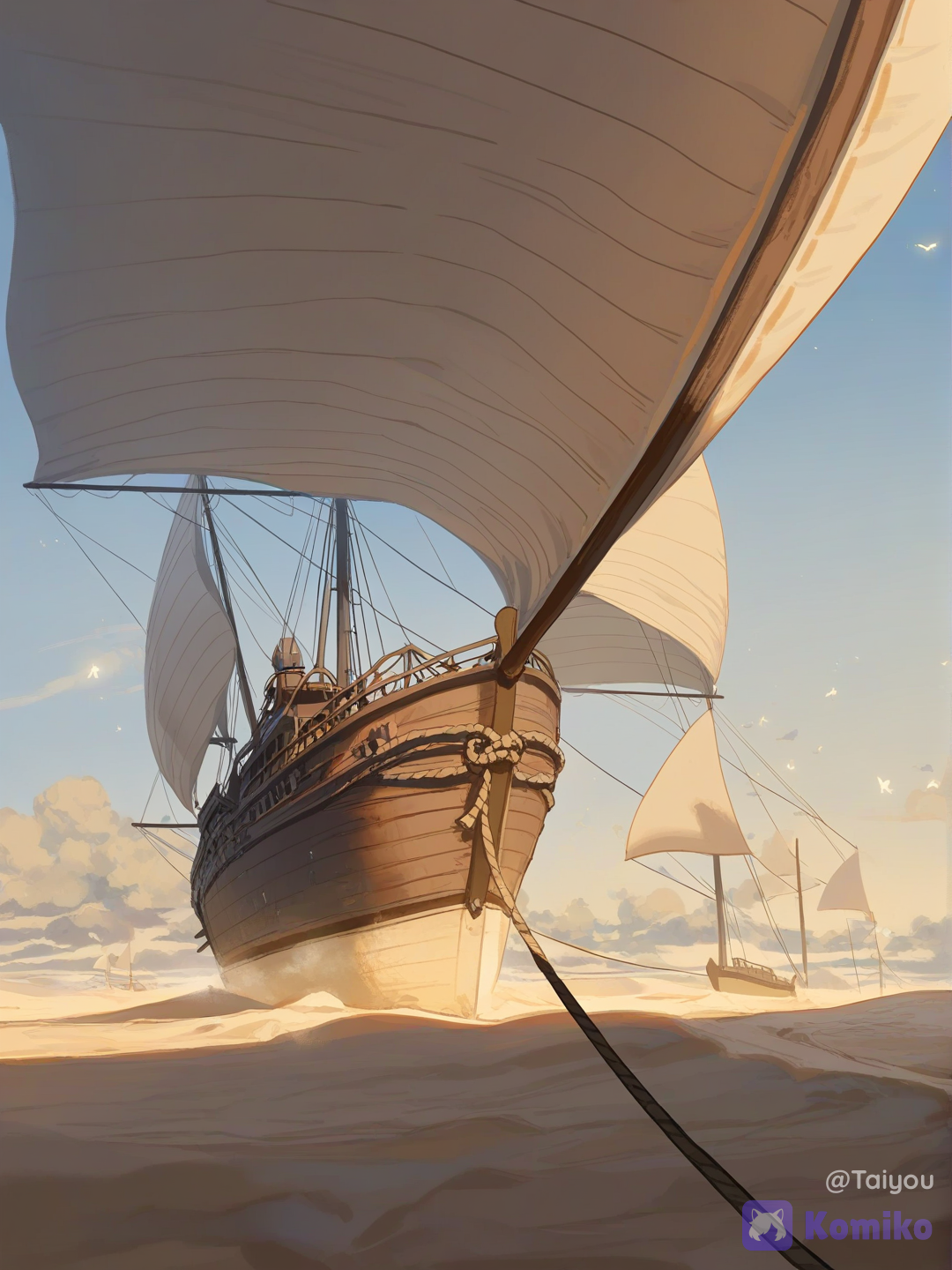 no humans, wide open deck of a single fantasy airship, weathered dark wood planking reinforced with aged brass fittings and rivets, soft pale runes etched faintly into the wood and along the metal plating, glowing with a gentle mystical light that blends naturally with the mechanical brass details, tall wooden mast rising at the edge of the frame with a great cloth sail catching the wind, thick woven rigging ropes stretching taut, a sturdy brass-trimmed railing running along the deck's edge, beyond the railing an endless untouched desert plain stretches to the far horizon, soft rolling dunes and open flat stretches of pale sand, completely devoid of structures, ruins, or roads, a vast open blue sky above scattered with soft drifting clouds catching warm daylight, faint atmospheric haze near the horizon line blending the desert into the sky, gentle wind implied through faint motion in loose rigging and drifting cloud shapes, sense of quiet vastness and untouched wilderness far below, semi-realistic anime style, highly clean rendering, cinematic lighting, highly[lacquered-illustration-style]