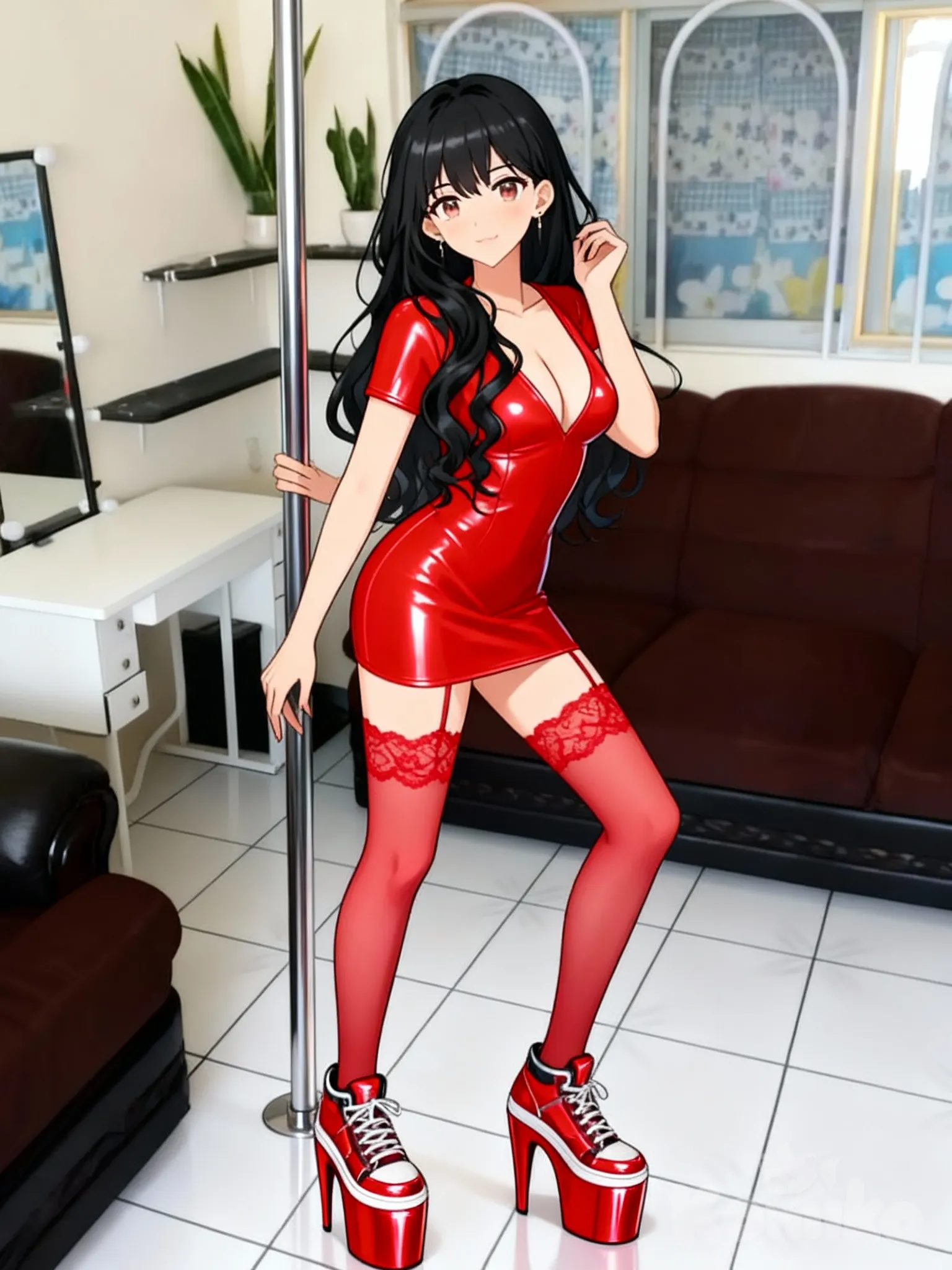 Zapatillas Table Pole Dance Plataforma Alta Tacón de color rojo, con firmes tetas y vestido muy corto de latex de color rojo y escote y medias de encaje de color rojo