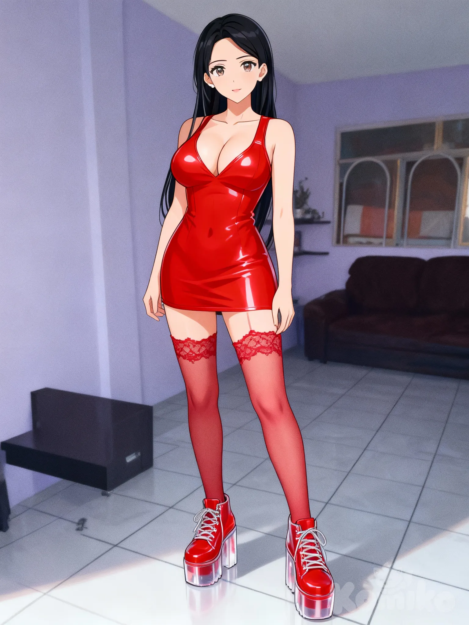 Sexy porn image, zapatillas altas de plataforma transparente de color rojo, con vestido muy corto de latex de color rojo y medias de de encaje de color rojo con tetas firmes y con escote