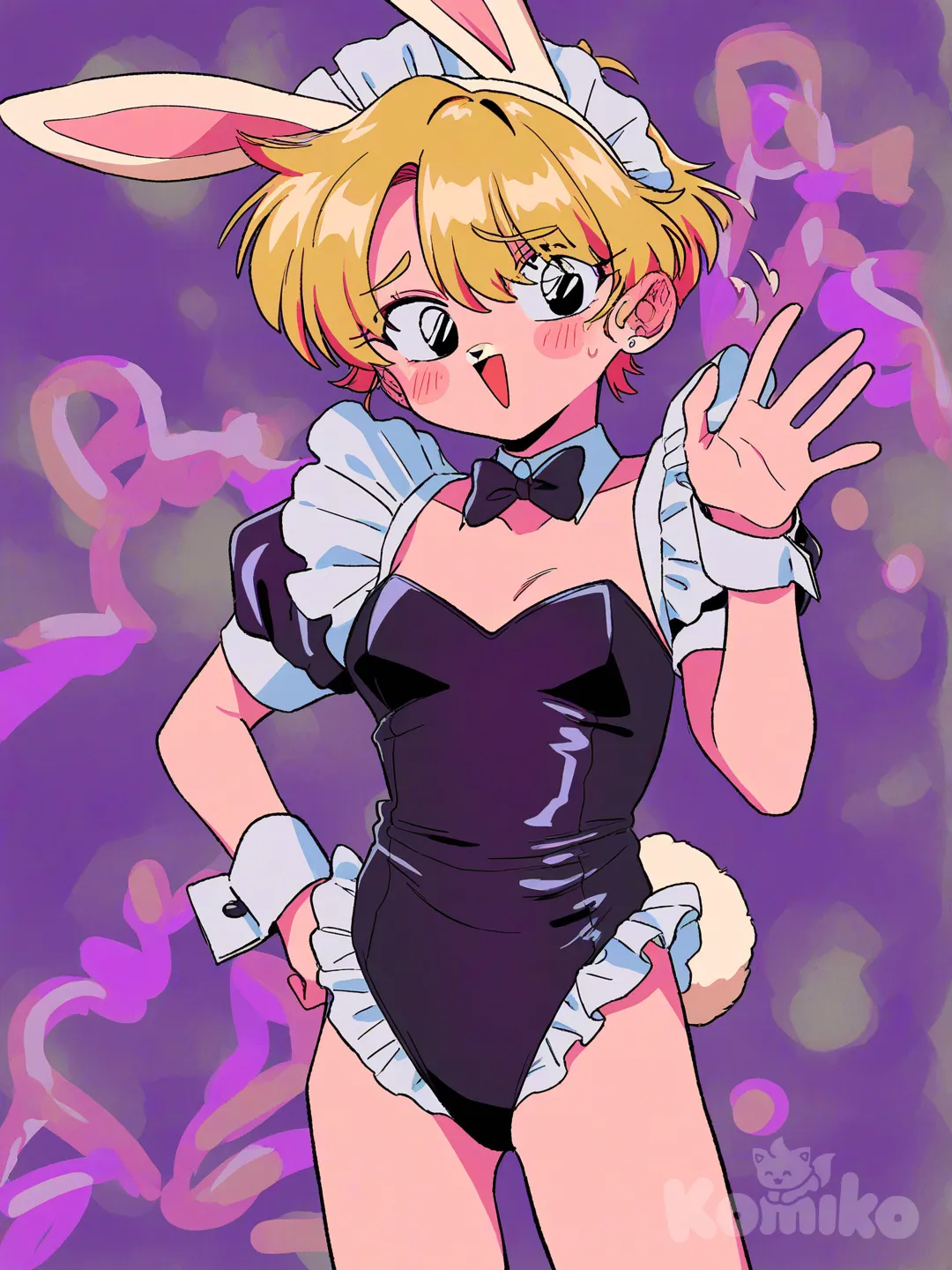 furry, bunny ears, bunny tail, white fur, maid outfit, laughing, waving, femboy, black eyes, bunny, retro style, furry , shor, short fur, small femboy, cutesy, bunny nose, bunny face, [90s-shojo-style], shy, blushing, maid dress