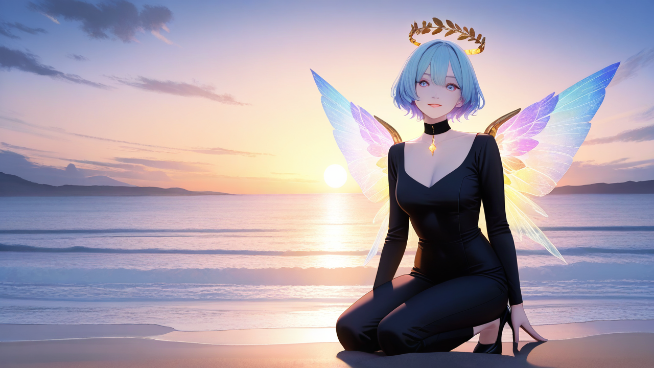 "On a dreamy beach at sunset, a blue-haired woman with crystalline wings spreads them wide, her eyes filled with confidence and dominance. In front of her, a pale-haired woman kneels gracefully, wearing an elegant collar, radiating vulnerability and beauty. The ocean reflects golden and shimmering lights, enhancing the poetic yet intense atmosphere. Cartoon-realistic style, vibrant colors, cinematic composition, charged with sensual energy."