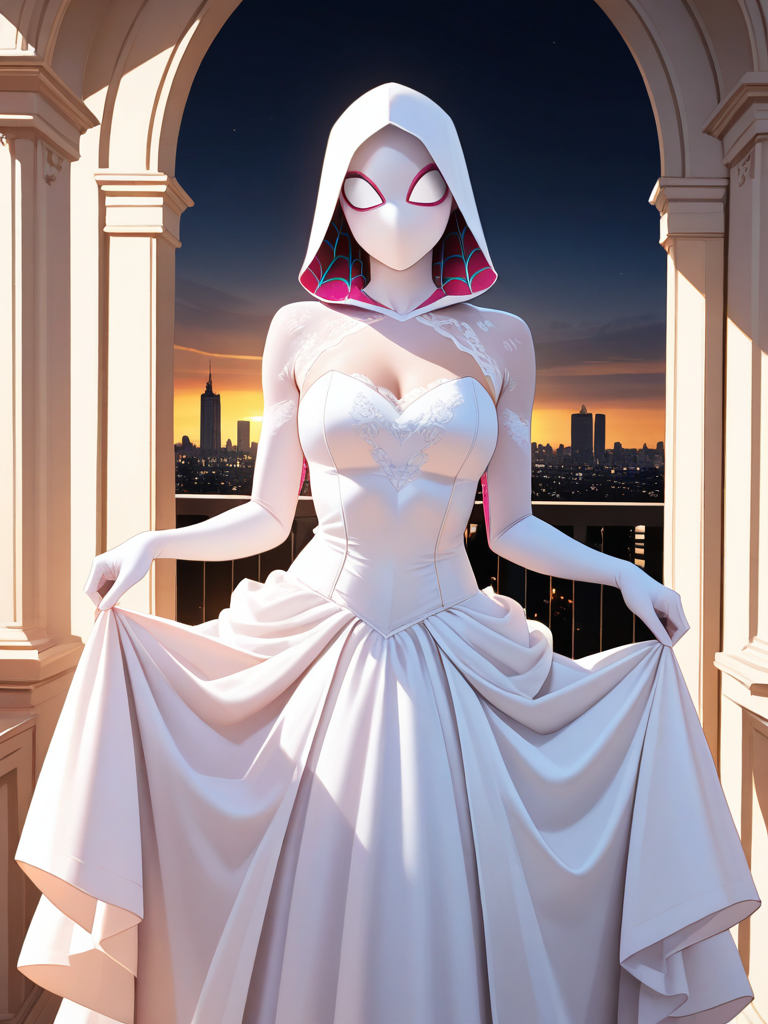 Spider-Gwen (Marvel Comics) in a stunning, short graceful white wedding dress, standing in a confident and sexy pose. She wears her iconic white mask with large expressive eyes, her hood lined with pink slightly lifted by the breeze. The wedding dress is sleek yet flowing, with lace accents and delicate curves that emphasize her graceful silhouette. Her posture radiates both strength and subtle sensuality, blending the allure of a heroine with the elegance of a bride. Golden sunset light enhances the soft glow of the fabric, casting warm reflections on her figure. The background shows a city skyline, dreamy and cinematic. Semi-realistic comic art style, vibrant colors, dynamic lighting, with an atmosphere of romance, power, and beauty, light nudity.