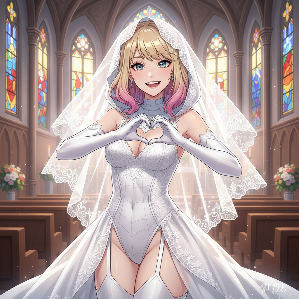 1girl, heart hands, spider-gwen, wedding dress, lingerie, bodysuit, smile, church, anime coloring