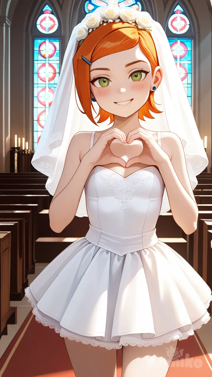 1girl, gwen_tennyson, wedding dress, church, top light, heart hands, smile