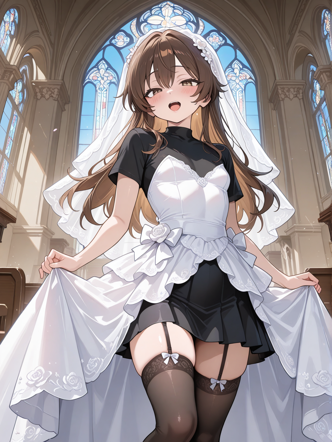 male, crossdressing,fboy, small breast, long hair, brown_hair, black skirt, black t-shirt, black stockings, open mouth, in church, white wedding dress, black stockings, blue sky
