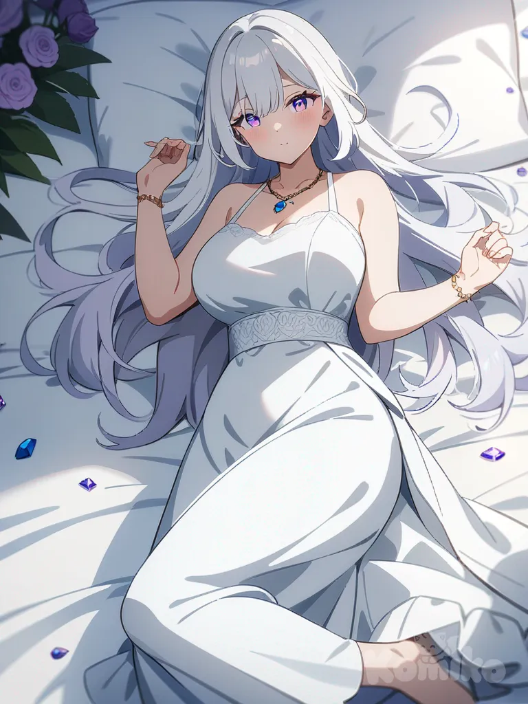 1girl, white hair, violet eyes, large breasts, curvy, lying on bed, long hair, flowers on bed, white dress, jewelry, necklace, precious stones, single character, full body, looking at viewer, anime style, simple background, white background