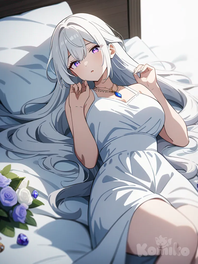 1girl, white hair, violet eyes, large breasts, curvy, lying on bed, long hair, flowers on bed, white dress, jewelry, necklace, precious stones, single character, full body, looking at viewer, anime style, simple background, white background