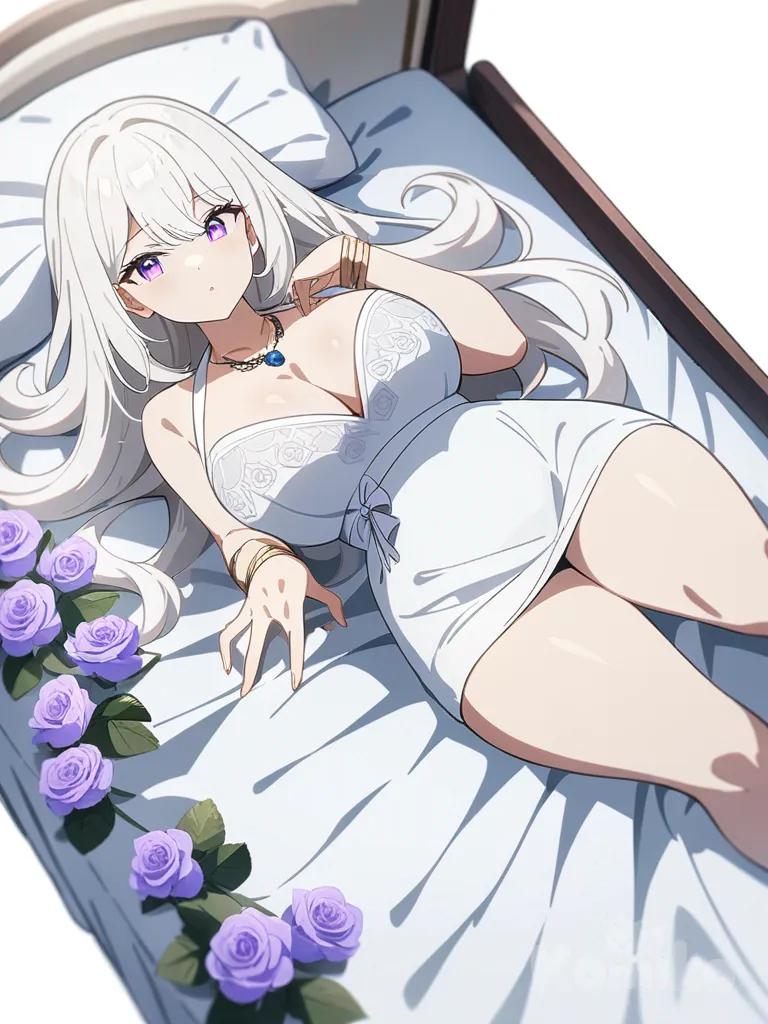 1girl, white hair, violet eyes, large breasts, curvy, lying on bed, long hair, flowers on bed, white dress, jewelry, necklace, precious stones, single character, full body, looking at viewer, anime style, simple background, white background