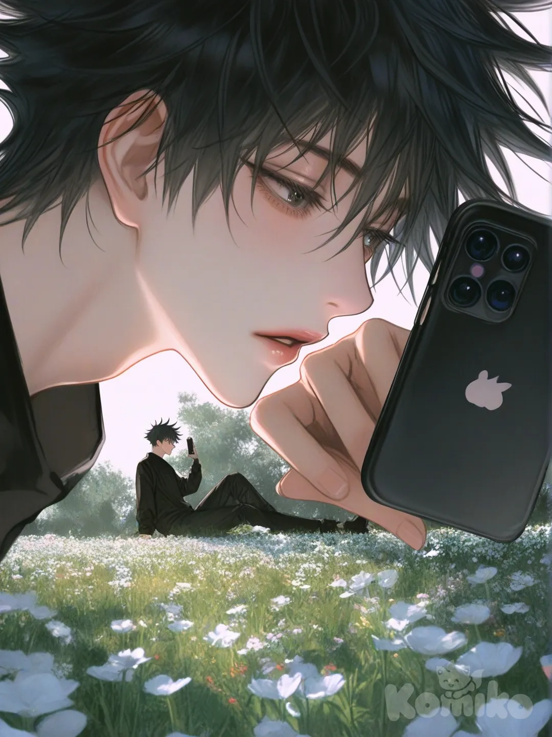 @Fushiguro_Megumi, selfie, looking at phone, sitting on the ground, side profile photo, from below, full body, backlight, flower field, [semi-realistic-portrait-style]