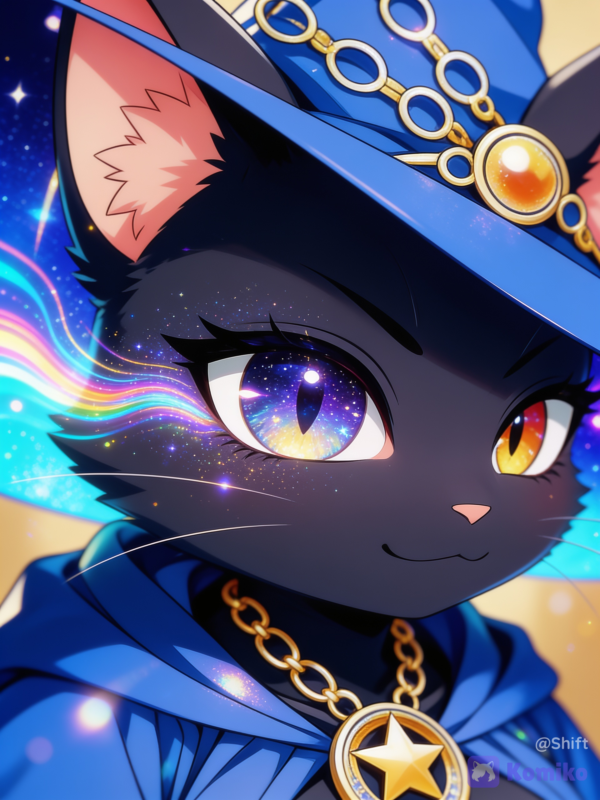 [iridescent-style], @virgo-7Ze4, furry, furry cat, dramatic eye close up, the eye is cosmic looking and stary, high contrast, multicolored light waves are present, the eye and surroundings should be inexplicably beautifully designed with cosmic features