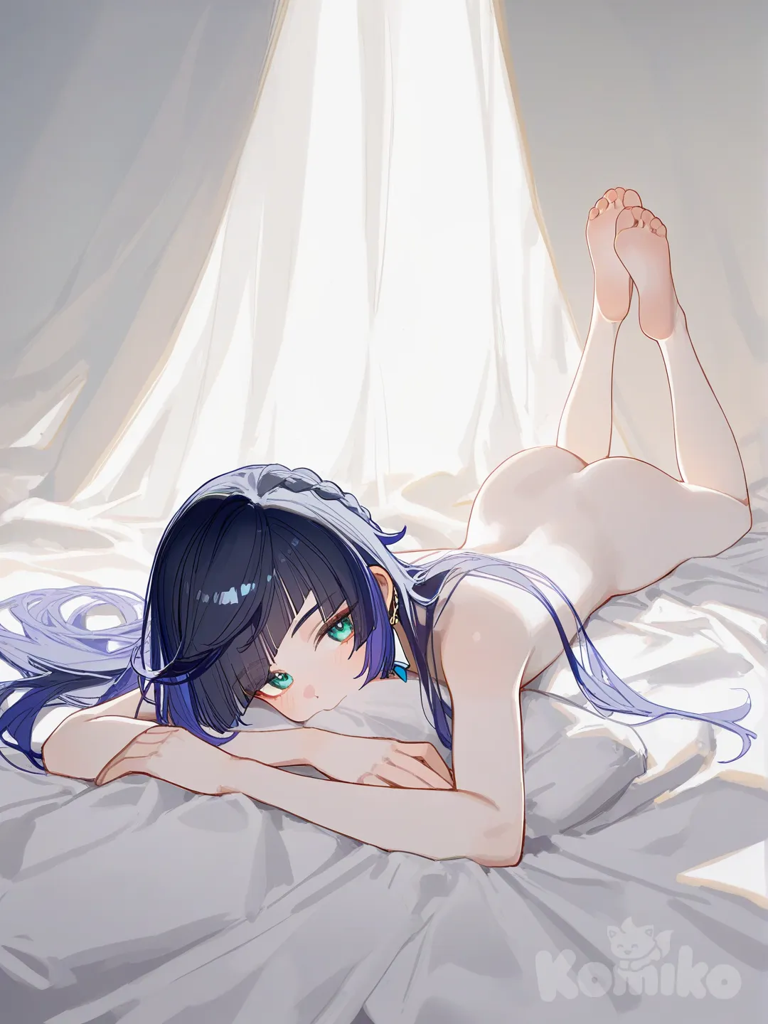 @Yelan_(Genshin_Impact), [lacquered-illustration-style], adult woman, slim body, nude, blowjob, lying on stomach, rised feet, rised legs, feet, foot soles