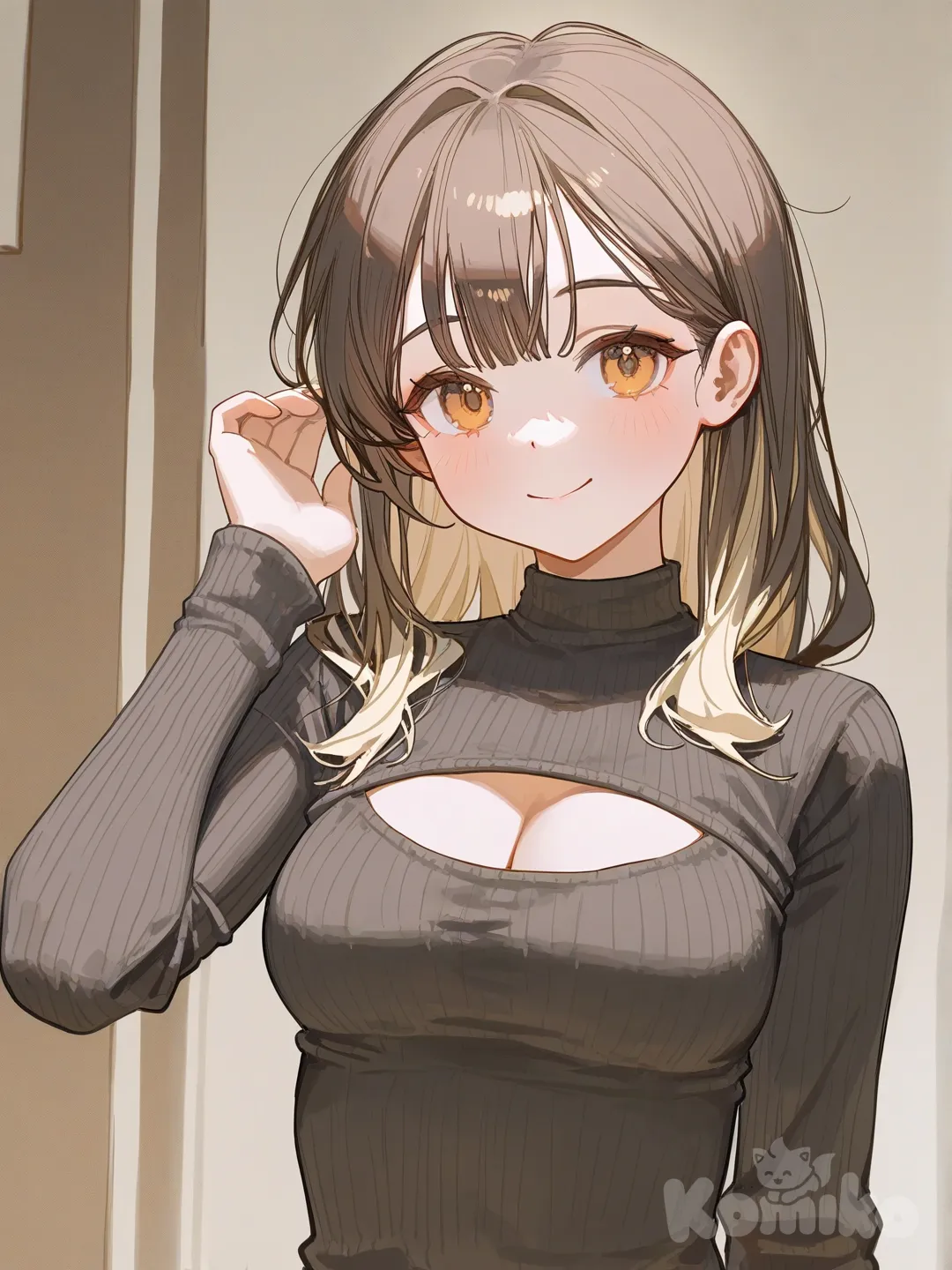 [lacquered-illustration-style] girlfriend, an anime girl, adult girl, girl 18 years old, beautiful anime girl, brown long hair, brown eyes, internal hair coloring light brown, average body, sexy swear, smile