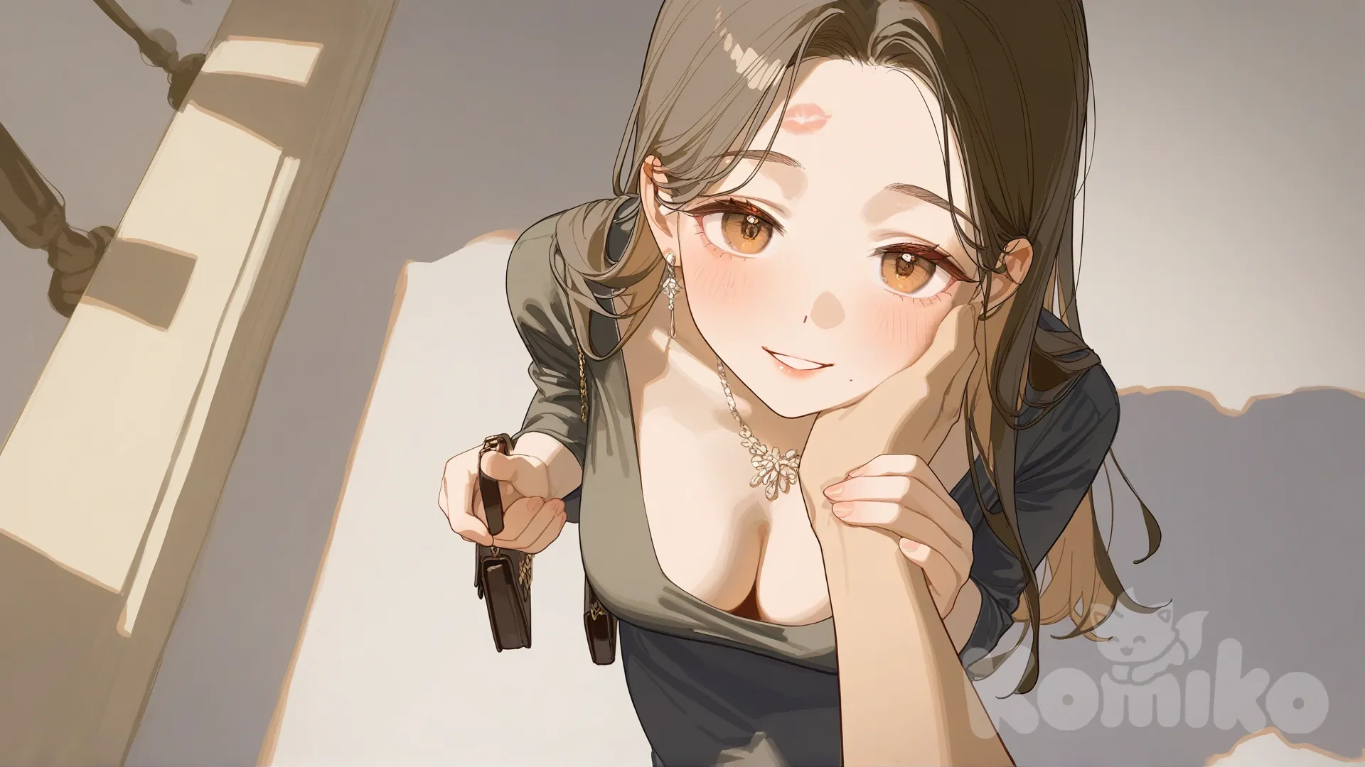 girlfriend, an anime woman, adult woman, girl 20 years old, beautiful anime woman, no bang, breasts, brown long hair, brown eyes, internal hair coloring light brown, evening wear, wear for a date, smile, happy, pov, boy view, top view, standing near boy, handbag, boy's hand on her face, boy's hand on her cheek, after kiss [lacquered-illustration-style]