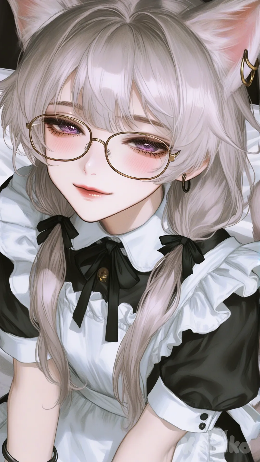 [semi-realistic-portrait-style], v sign, blush, warm smile, closed mouth, half-closed eyes, maid, cat ears, cat tail, long hair, short sleeves, purple eyes, white hair, glasses, earrings , twin tails, bracelet, cowboy shot, looking at viewer