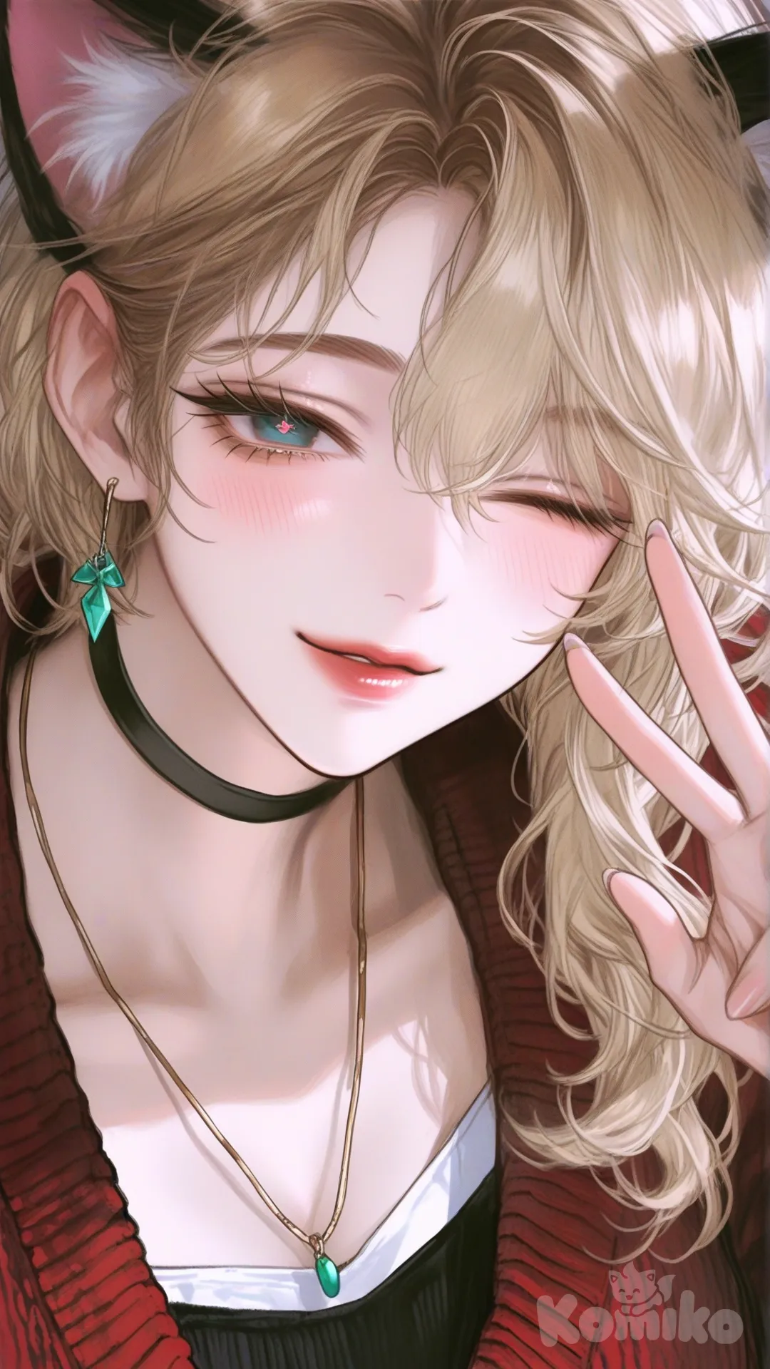 @Gwen_Stacy, one eye closed, [semi-realistic-portrait-style], v sign, blush, warm smile, closed mouth, cat ears, earrings, necklace, choker, knitted cardigan, cafe
