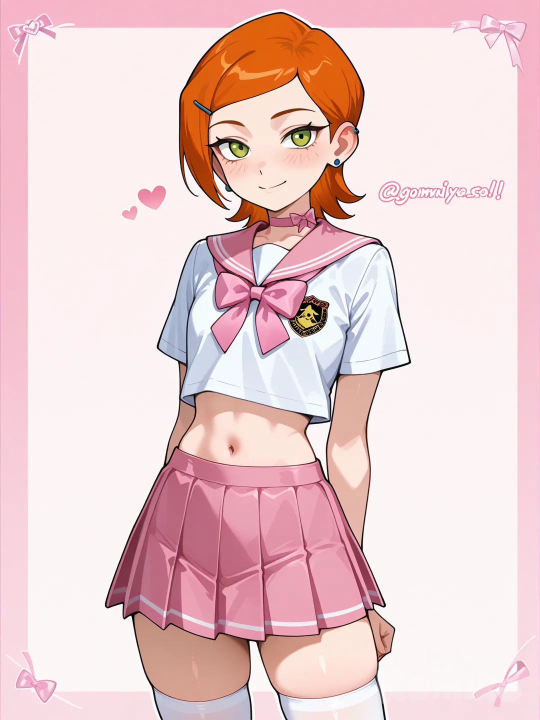 @Gwen Tennyson ponle una camisa corta blanca de mangas cortas y por arriba del ombligo ponle una mini falda de colegiala color rosa con medias largas blancas y en el cuello un moño de lazo color rosa