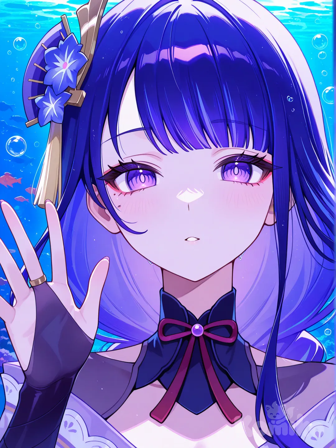 Raiden Shogun, aquarium, ambient light, closeup, waving