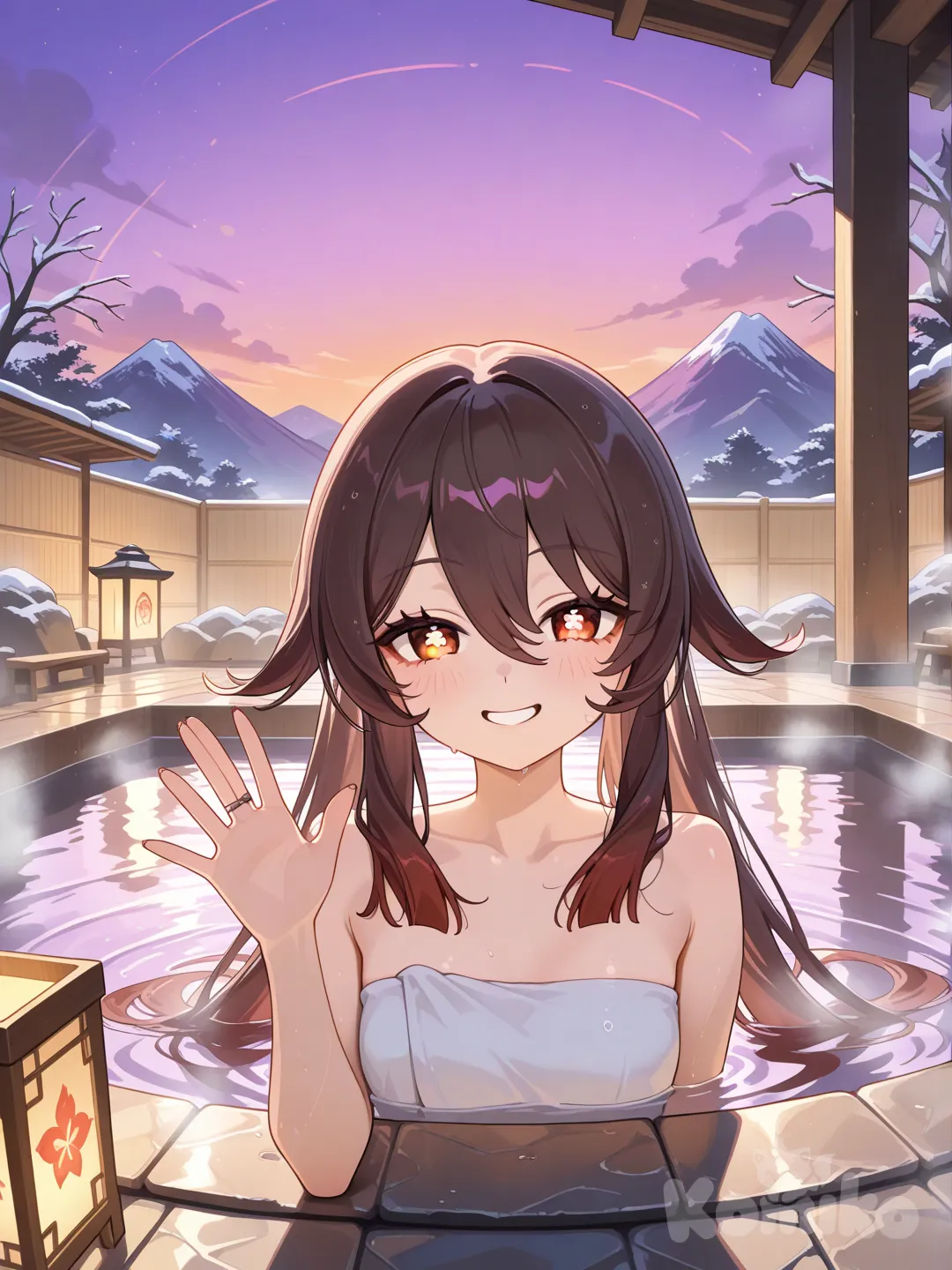 Hu_Tao_(Genshin_Impact), twilight, onsen, waving