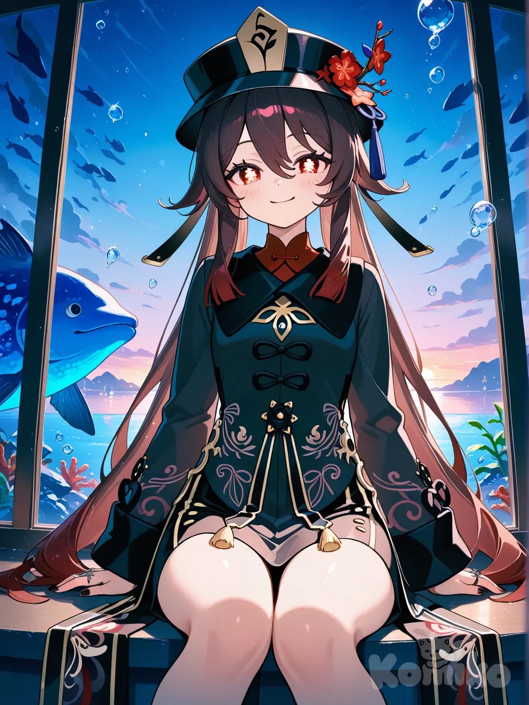 @Hu_Tao_(Genshin_Impact), twilight, day, aquarium