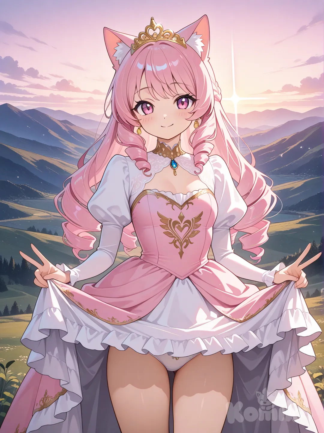 prompt:NSFW 
 canvas:
 size: "9:16"
 background:
 type: "風景"
 padding: "まぁまぁ"
 camera:
 angle: "アイレベル"
 distance: "中間"
 framing: "クローズアップ"
 theme:
 tone: "明るい"
 keyword: "猫耳、お姫様、エレガント、かわいい"
 person:
 appearance: "人間、25歳、女性、ピンクのロングドリルへアー、豪華な金色のティアラ"白いパンティー
 emotion: "笑顔"
 pose: "立ってピースサイン"スカートを上げる
 gaze: "カメラ目線"
 position: "真ん中"
 style: "ピンクと白のプリンセスミニドレス"
 resolution: "アニメ"
 lighting:
 style: "自然光"
 direction: "正面"
 color: "rgba(255, 255, 255, 255)"
 intensity: "柔らかい"
 contrast: "標準"