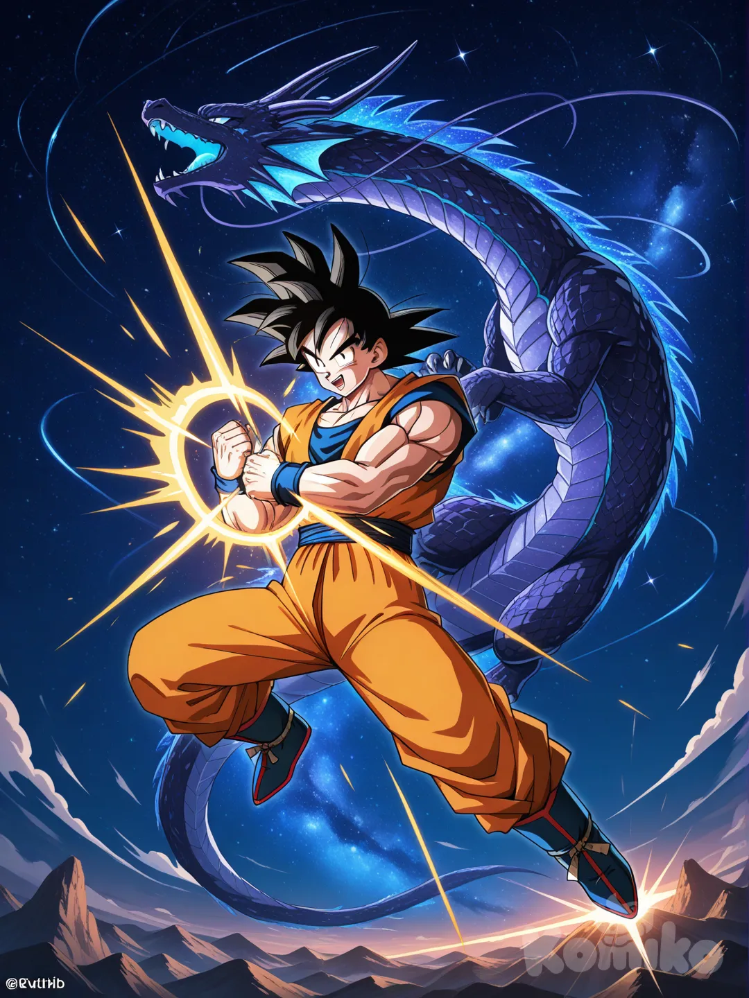 gold, son goku, dragon, night, galaxy