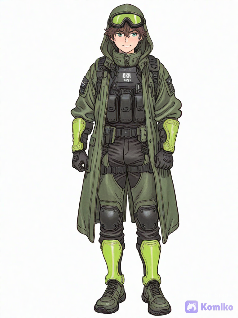 [refined-fantasy-style], anime, full body, standing, standing straight, front view, facing viewer, solo, 1boy, white background, plain background, Takeshi, handsome young man, 22 years old, tall, athletic build, fair skin, messy dark brown hair, short layered hair, slightly tousled, emerald green eyes, calm confident expression, gentle smile, large tactical goggles resting on head, black frame, green tinted lenses, black and olive green color scheme, futuristic combat outfit, practical military aesthetic, black high-collar compression undersuit with green zipper, olive green armored chest plate under coat, lightweight tactical armor, long black tactical open coat with olive green interior, high collar, hood, split coat tails, fitted sleeves, shoulder straps, black tactical gloves, olive green armored forearm guards with subtle green glowing lines, utility belt with pouches