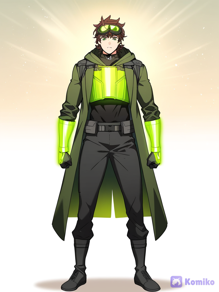 [manhwa-style], anime, full body, standing, standing straight, front view, facing viewer, solo, 1boy, white background, plain background, Takeshi, handsome young man, 22 years old, tall, athletic build, fair skin, messy dark brown hair, short layered hair, slightly tousled, emerald green eyes, calm confident expression, gentle smile, large tactical goggles resting on head, black frame, green tinted lenses, black and olive green color scheme, futuristic combat outfit, practical military aesthetic, black high-collar compression undersuit with green zipper, olive green armored chest plate under coat, lightweight tactical armor, long black tactical open coat with olive green interior, high collar, hood, split coat tails, fitted sleeves, shoulder straps, black tactical gloves, olive green armored forearm guards with subtle green glowing lines, utility belt with pouches