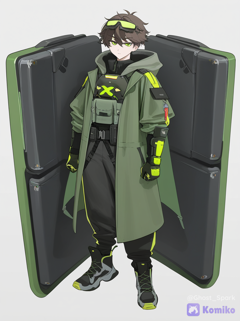 [vibrant-anime-style], anime, full body, standing, standing straight, front view, facing viewer, solo, 1boy, white background, plain background, Takeshi, handsome young man, 22 years old, tall, athletic build, fair skin, messy dark brown hair, short layered hair, slightly tousled, emerald green eyes, calm confident expression, gentle smile, large tactical goggles resting on head, black frame, green tinted lenses, black and olive green color scheme, futuristic combat outfit, practical military aesthetic, black high-collar compression undersuit with green zipper, olive green armored chest plate under coat, lightweight tactical armor, long black tactical open coat with olive green interior, high collar, hood, split coat tails, fitted sleeves, shoulder straps, black tactical gloves, olive green armored forearm guards with subtle green glowing lines, utility belt with pouches