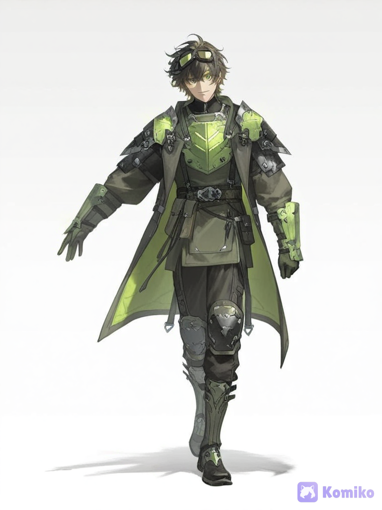 [aqua-dreamlight-style], anime, full body, standing, standing straight, front view, facing viewer, solo, 1boy, white background, plain background, Takeshi, handsome young man, 22 years old, tall, athletic build, fair skin, messy dark brown hair, short layered hair, slightly tousled, emerald green eyes, calm confident expression, gentle smile, large tactical goggles resting on head, black frame, green tinted lenses, black and olive green color scheme, futuristic combat outfit, practical military aesthetic, black high-collar compression undersuit with green zipper, olive green armored chest plate under coat, lightweight tactical armor, long black tactical open coat with olive green interior, high collar, hood, split coat tails, fitted sleeves, shoulder straps, black tactical gloves, olive green armored forearm guards with subtle green glowing lines, utility belt with pouches