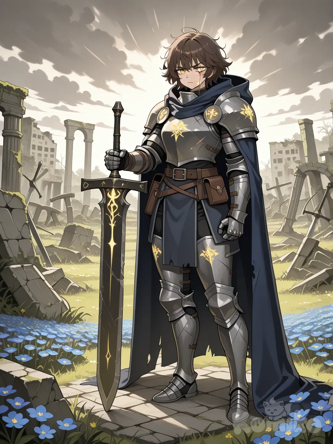 Subject: An anime-style warrior with short, messy, chin-length brown hair. Her eyes are a bright, piercing yellow, with a prominent scar across her left eye, which is either closed or squinted. Her face has a stern and determined expression, with furrowed brows. Her skin is covered with numerous fine, crisscrossing scars on her arms, shoulders, and muscular torso.
Attire and Accessories: She wears a full suit of dark gray plate armor, with segmented shoulder guards, gauntlets, and greaves, over a tattered, hooded dark blue cloak. She wears a brown leather belt with a small blue pouch bearing a glowing symbol. She holds a large, two-handed sword with a broad blade wrapped in cloth near the hilt, resting on the ground.
Setting: She stands in a grassy field dotted with small blue and yellow wildflowers. In the background, ancient, moss-covered stone ruins rise beneath a cloudy sky with rays of sunlight filtering through.
Artistic Style: Digital illustration in an anime style with textured brushstrokes, earthy and muted colors, and a melancholic and dramatic atmosphere. The lighting is diffused, highlighting the contours of her armor and the textures of the environment. The composition is a full-body or medium shot, focused on the warrior.