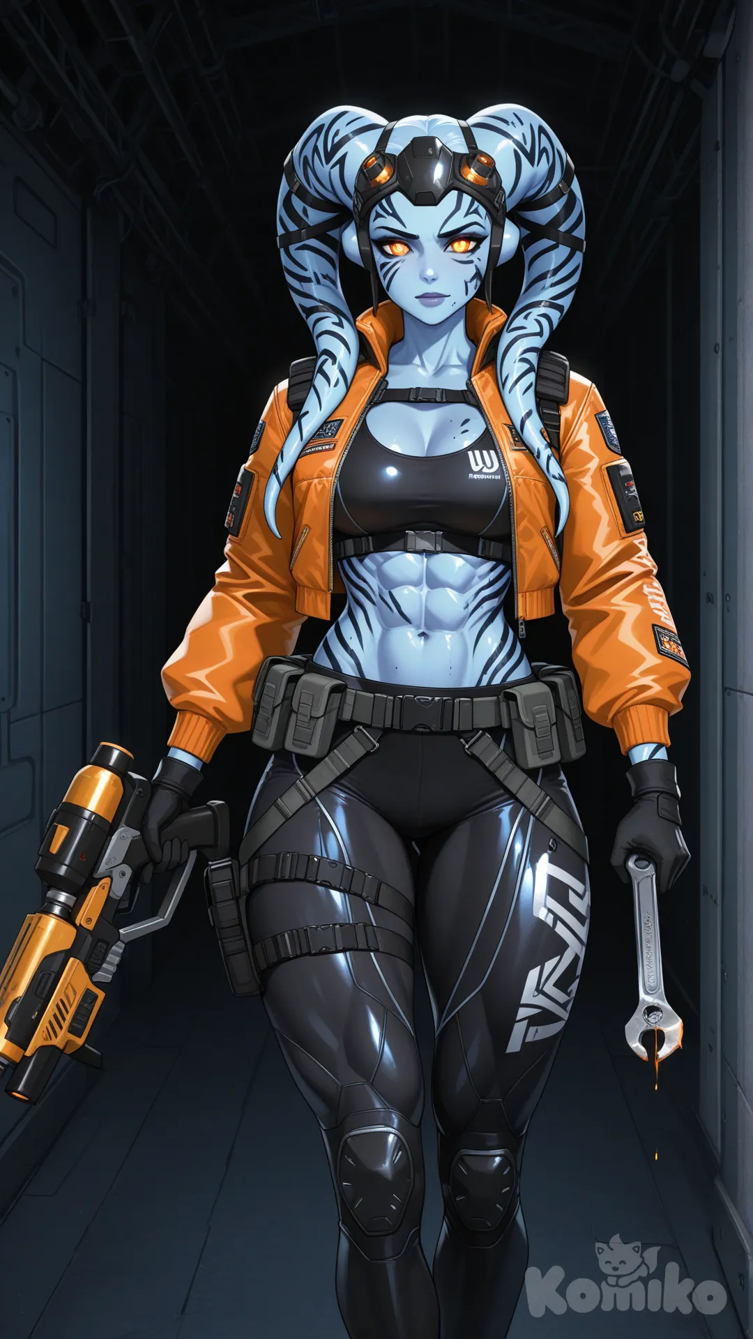character concept art of Kaz'vira, a Twi'lek master mechanic. Athletic build, visible abs, pale blue skin with intricate navy geometric patterns on lekku. She wears a cropped yellow industrial bomber jacket, white tech-wear sports bra, and high-gloss black reinforced tactical leggings.

Details: smudge of iridescent oil on cheek, glowing amber eyes, utility belt with glowing canisters and wires. Holding a massive customized heavy-duty wrench and a Blaster weapon plasma.

Background: dark gritty starship hangar, volumetric lighting, cinematic atmosphere, 8k resolution, Unreal Engine 5 render style, hyper-realistic textures.