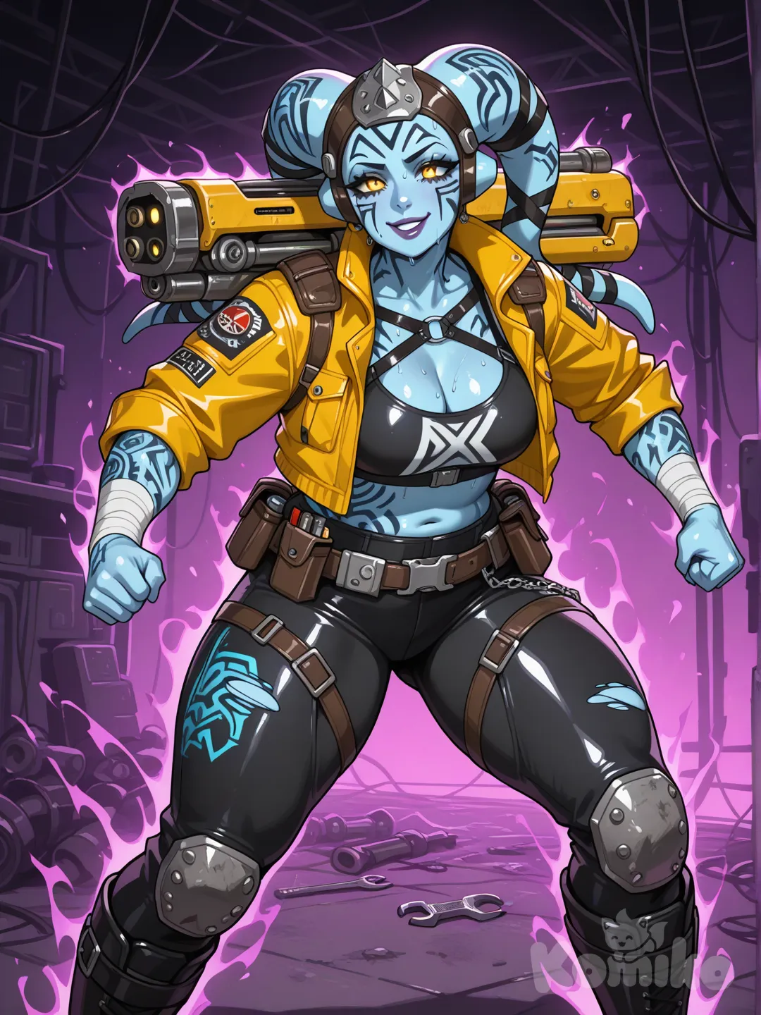 Ilustración digital en estilo concepto de personaje cinematográfico,.

· Especie y rostro; (Twi'lek femenina con piel de un tono azul - Claro y lustroso.)

(Su rostro tiene rasgos afilados y una mirada intensa y calculadora. Sus ojos son grandes y de un amarillo electrizante que parece brillar con su propia luz, enmarcados por pestañas oscuras. Su expresión es una sonrisa burlona y segura, con labios carnosos y morados ligeramente entreabiertos).

· Lekku (apéndices craneales): (Sus dos lekku son gruesos y musculosos, cayendo sobre sus hombros y espalda, están adornados con intrincados patrones de tatuajes bioluminiscentes en tonos violeta que pulsan suavemente, y con varios anillos metálicos y espirales de cobre enroscados en las puntas).

· Físico: (complexión corporal fuerte y voluptuosa, con curvas pronunciadas y músculos definidos por el trabajo físico).

(Marcas visibles incluyen cicatrices de chispas de soldadura en sus brazos, tatuajes de diagramas de circuito y código aurebesh brillando a lo largo de sus costados y columna vertebral).

( Añade unbrillo de sudor y aceite de motor en su piel, especialmente en el cuello, clavícula y abdomen).

Vestuario y atuendo (inspiración Zenless Zone Zero / Anko Mitarashi / Mercenario Star Wars):

· Torso superior: (Usa un top blancocomplejo hecho de vendas energéticas y correas negras de neopreno que se envuelven alrededor de su busto de manera estratégica, ofreciendo soporte mínimo mientras deja amplias áreas de su torso, abdomen y espalda completamente al descubierto).

· Cintura y abdomen: (Usa una faja ancha de cuero negro y plasteel reforzado, ceñida y ajustada justo debajo de su ombligo). (De la faja cuelgan de manera práctica y caótica sus herramientas: llaves stillson, un soplete de plasma con la punta aún al rojo vivo, cargadores de energía y un vibrocuchillo). 

(La piel de su abdomen definido queda expuesta por encima y por debajo de la faja).

· Piernas: (Lleva leggins o pantalones negros de operaciones ultra-ceñidos hechos de un material similar al neopreno pero con refuerzos de malla metálica).

( Los leggins o pantalones, presentan roturas y rasgaduras estratégicas que revelan su piel, en los muslos, desgarros en las rodillas y cortes diagonales a lo largo de las pantorrilla)s.

· Cadera: (lleva envuelto alrededor de sus caderas pélvicas, atada de manera informal, una chaqueta amarilla arremangada corta de cuero sintético desgastado con forro brillante), ( la chaqueta funciona como una falda decorativa o una cobertura simbólica).


· Calzado: (Botas altas negras de cuero rigido que llegan hasta la mitad de sus muslos, tienen múltiples correas con hebillas que se ciñen firmemente).

· Estilo: (Concept art de personaje) (iluminación cinematográfica) (altamente detallado), inspirado en los diseños de Zenless Zone Zero y el (arte conceptual de Star Wars: The Old Republic.) Fusión de ciberpunk sucio y vaporwave industrial.

. Enfoque técnico; Enfoque nítido y detallado en el personaje, con desenfoque ambiental (bokeh) progresivo en el fondo. Alto nivel de detalle en texturas: piel con subsurface scattering y marcas, brillo de sudor realista, cuero desgastado y graso, metal rayado y oxidado, tela de neopreno tensa, y el resplandor sutil de las partes bioluminiscentes y del plasma.

· Enfoque: (Máximo detalle en el personaje, especialmente en las texturas)

(piel lustrosa y sudorosa), (cuero desgastado y grasiento), (metal bruñido y oxidado), (tela de neopreno tensa y el resplandor sutil de las partes bioluminiscentes de las herramientas energéticas).

· Sensación general: (La imagen debe transmitir poder crudo, actitud desafiante, una sexualidad peligrosa y una competencia técnica absoluta).

#Twi'lek
#star_wars
#concept_art

La escena transcurre en sutaller clandestino abarrotado y sucio, ubicado en los niveles bajos de Nar Shaddaa. El espacio está repleto de chatarra apilada, motores de nave desmontados, cables colgantes y paneles holográficos parpadeantes.

(ultra-intricate details, photorealistic rendering, dynamic lighting, ray tracing, global illumination)