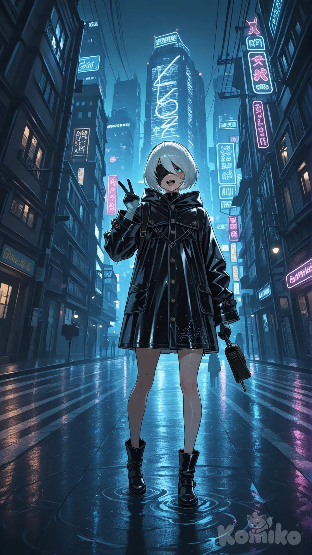 2B_(Nier:Automata), raincoat, v sign, laughing, full body, looking at viewer, panoramic lens, cityscape, top light, cinematic lighting, night, stage light