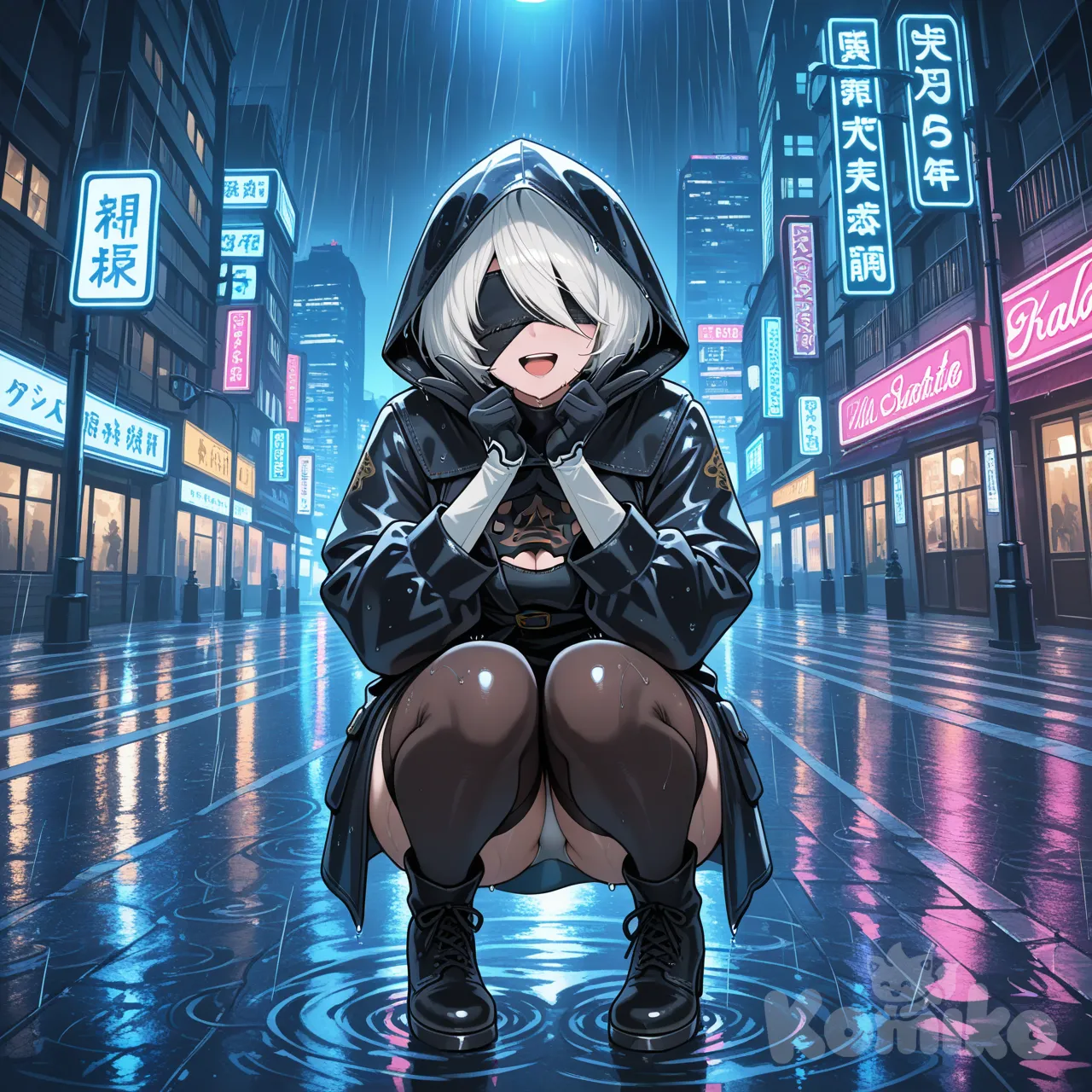2B_(Nier:Automata), raincoat, v sign, laughing, full body, looking at viewer, panoramic lens, cityscape, top light, cinematic lighting, night, stage light